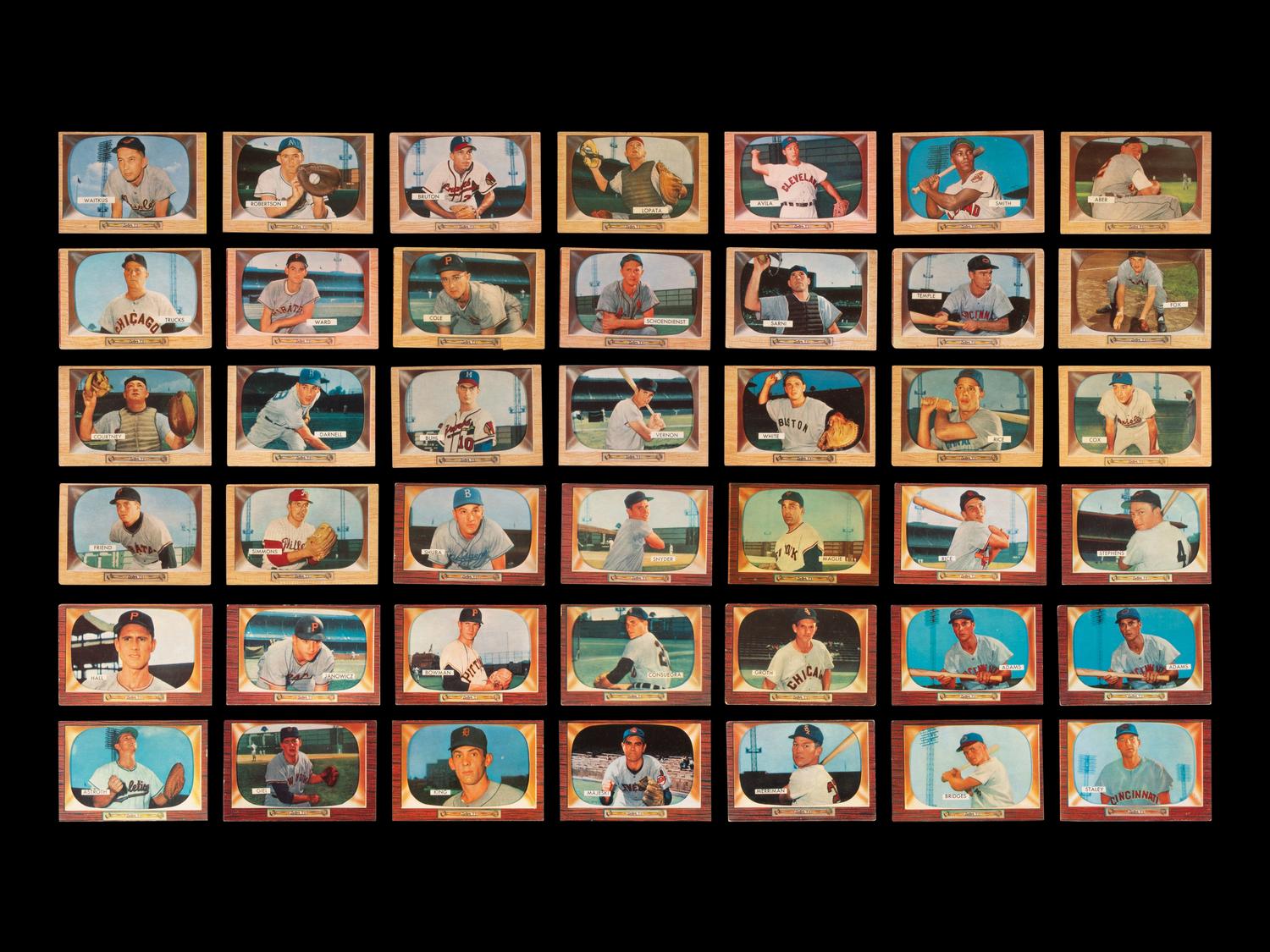 A Group of 58 1955 Bowman Baseball Cards Including Ernie Banks,