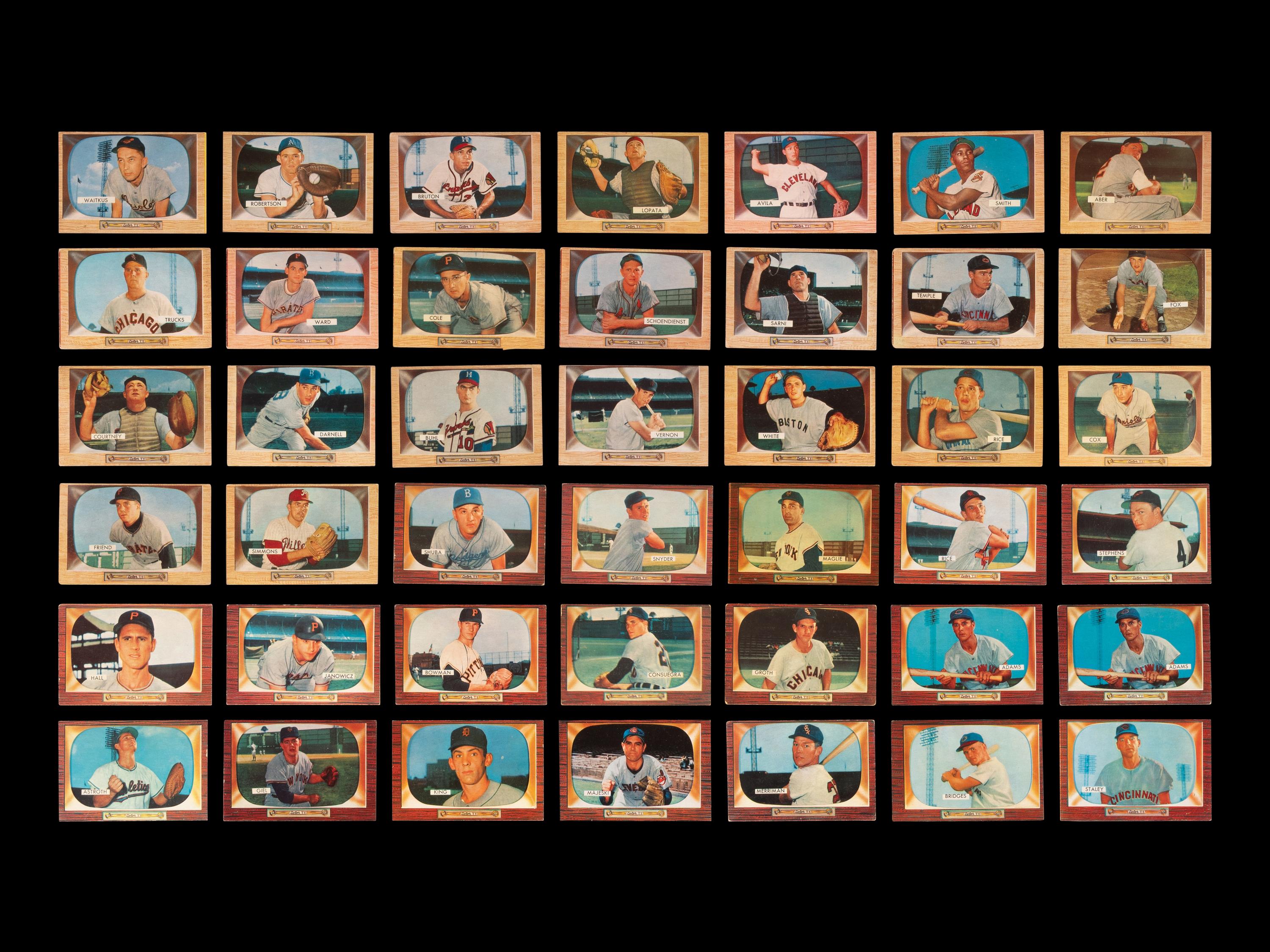 A Group of 58 1955 Bowman Baseball Cards Including Ernie Banks,