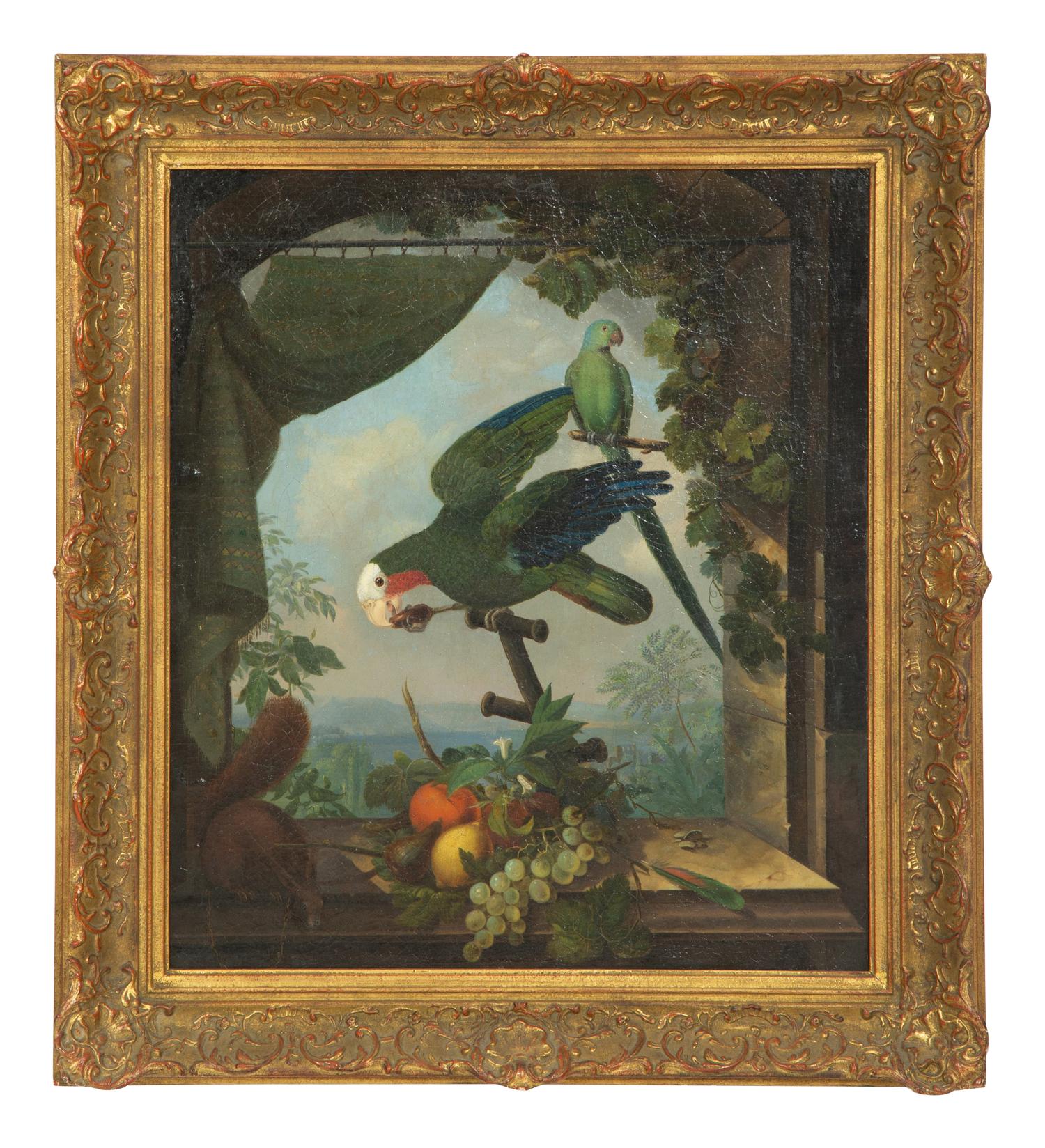 Parrots, Squirrel and Fruit on a Stone Ledge with Draped Curtain, an Extensive Landscape Beyond