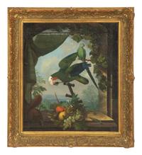 Parrots, Squirrel and Fruit on a Stone Ledge with Draped Curtain, an Extensive Landscape Beyond