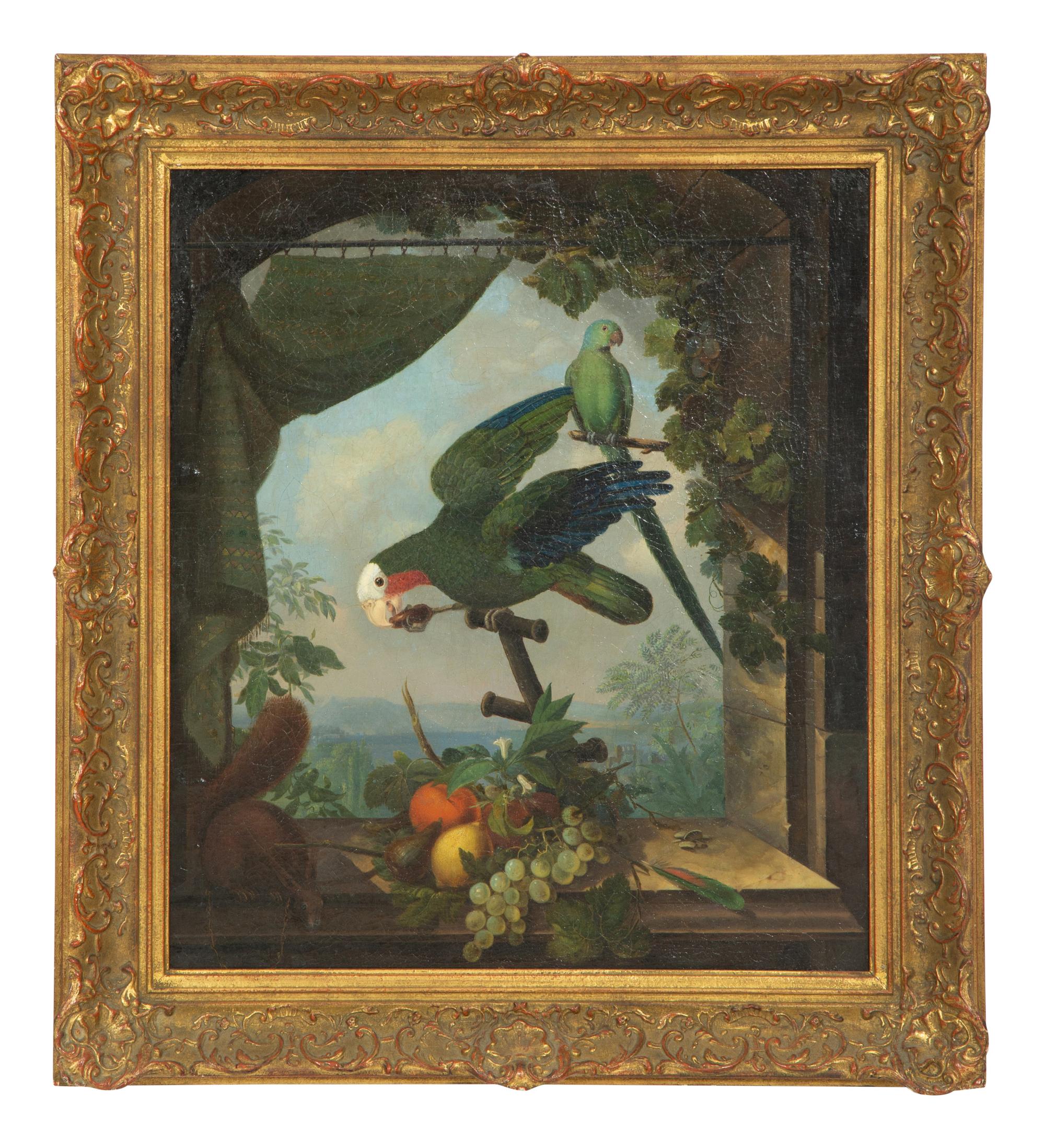 Parrots, Squirrel and Fruit on a Stone Ledge with Draped Curtain, an Extensive Landscape Beyond