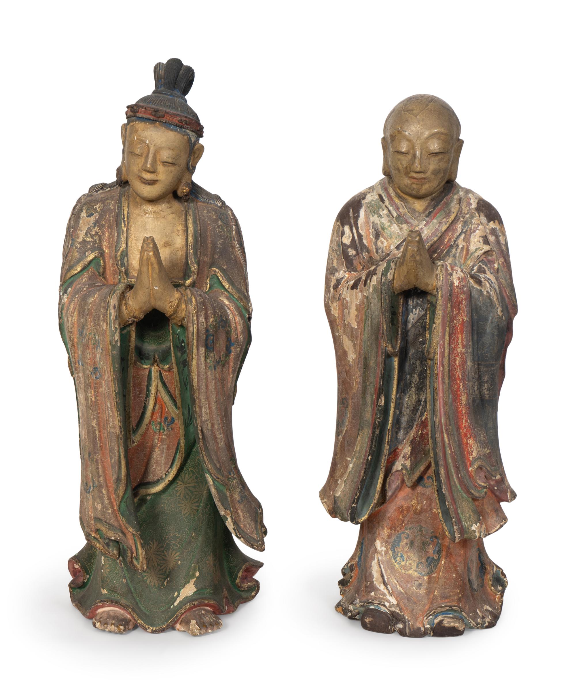 A Pair of Chinese Polychromed Figures of Luohan — MING DYNASTY (1368-1644)