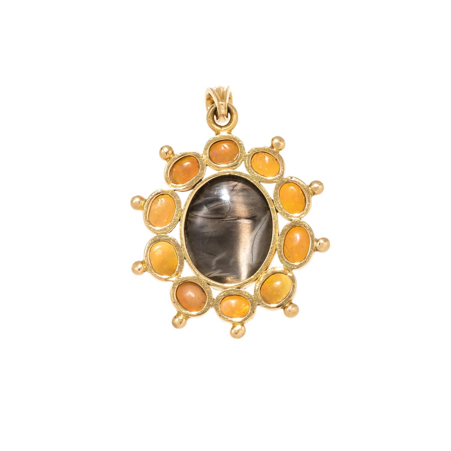 CAT'S EYE QUARTZ AND FIRE OPAL PENDANT