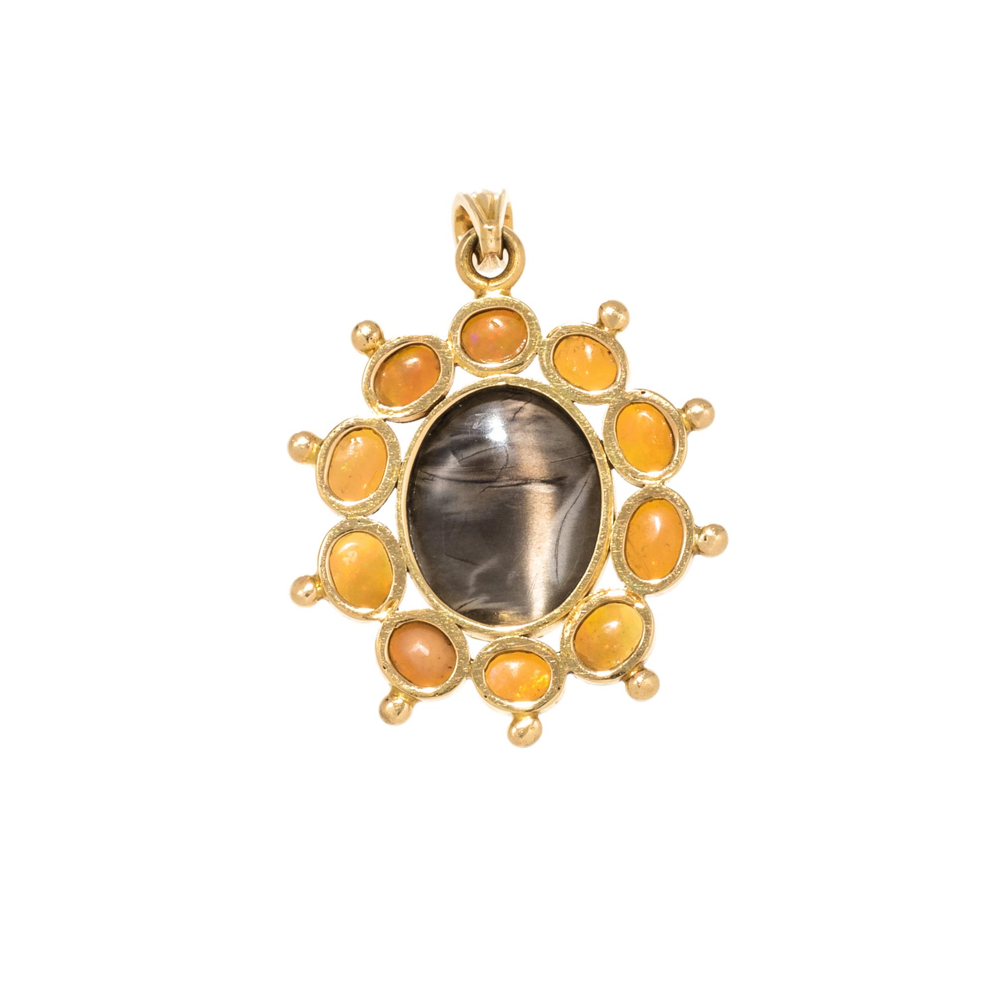 CAT'S EYE QUARTZ AND FIRE OPAL PENDANT