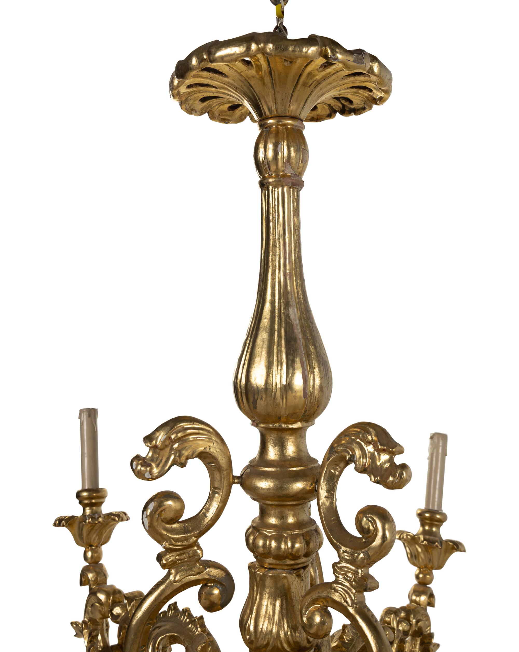 A Louis XV Style Giltwood Six-Light Chandelier
