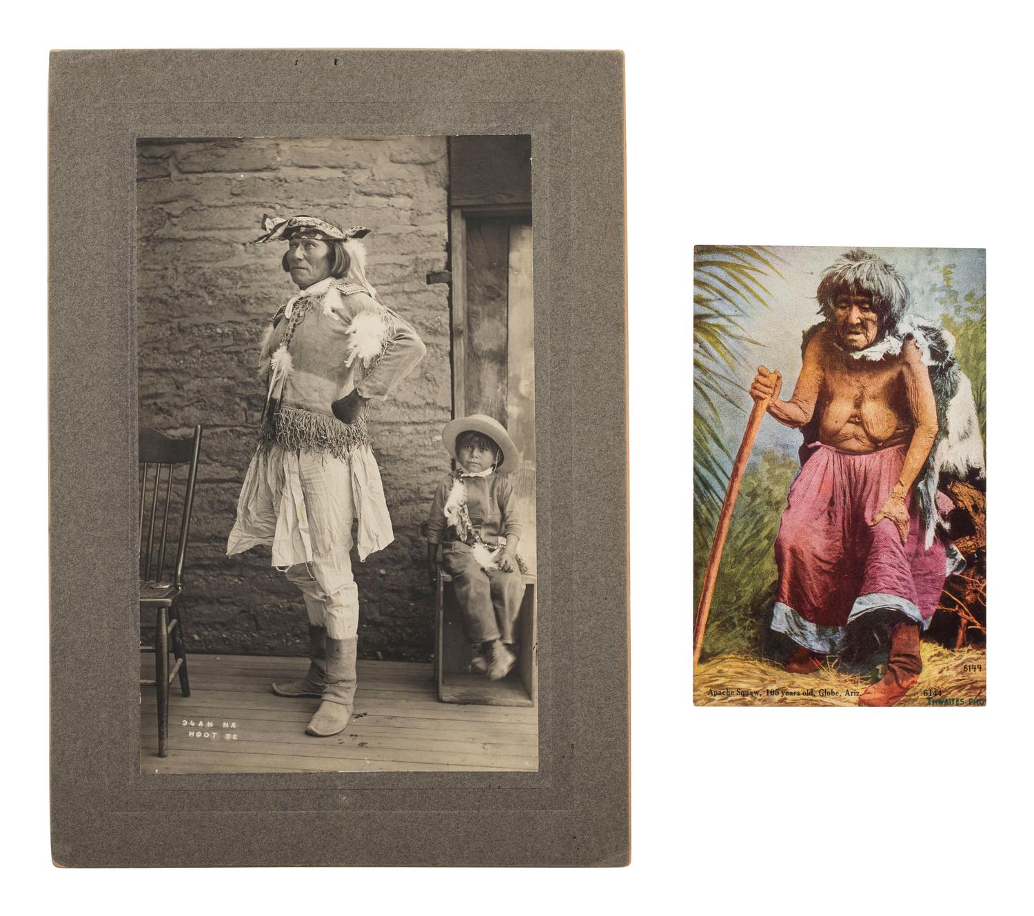 [NATIVE AMERICANS]. JONES, John Edward (1863-1922), photographer. Album containing 50 photographs of the San Carlos Indian Agency, including Apache civilians and police, agency buildings and dwellings, and scenic views. Ca 1904.