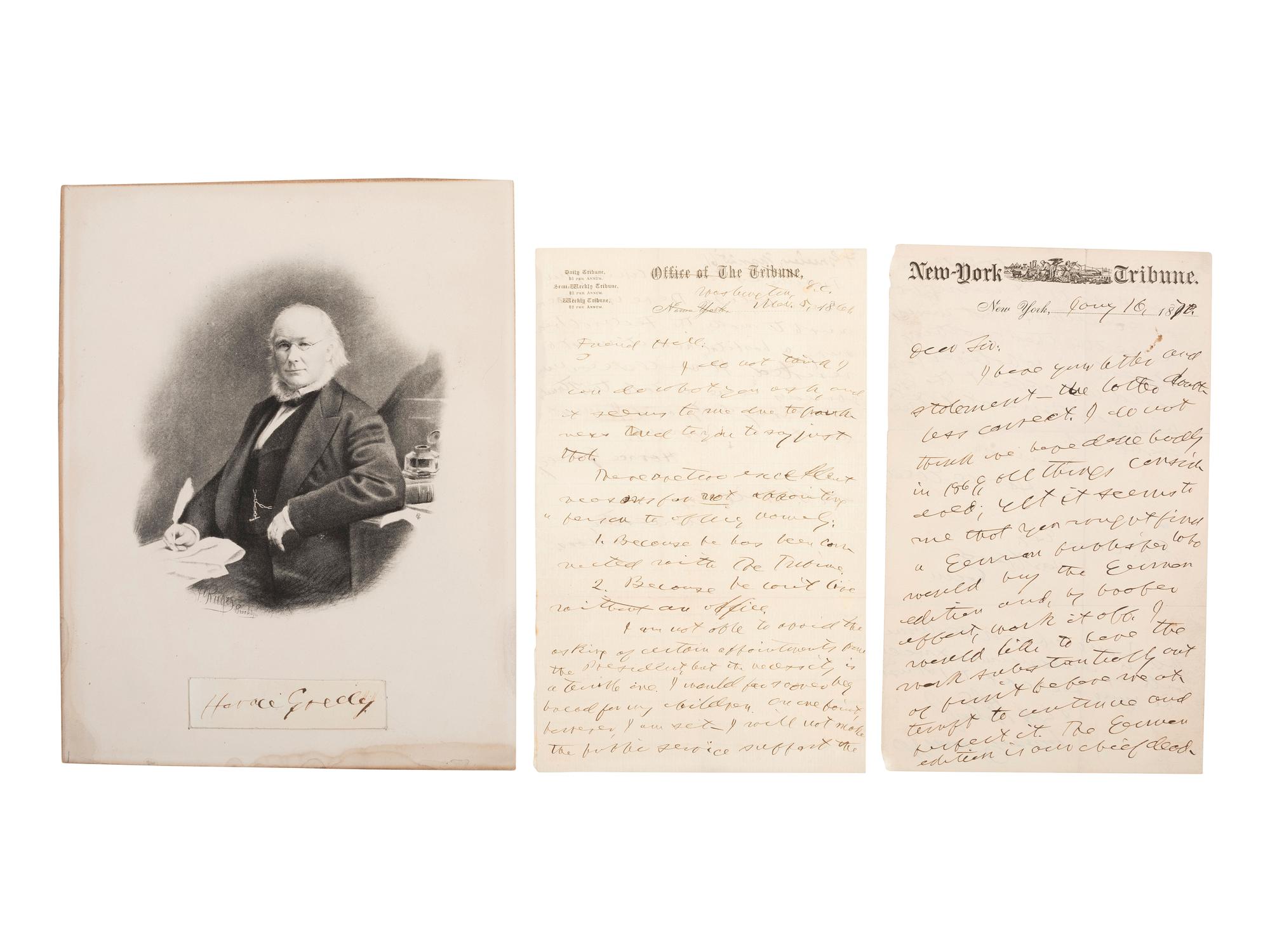 GREELEY, Horace (1811-1872). A group of 2 AlsS, comprising: