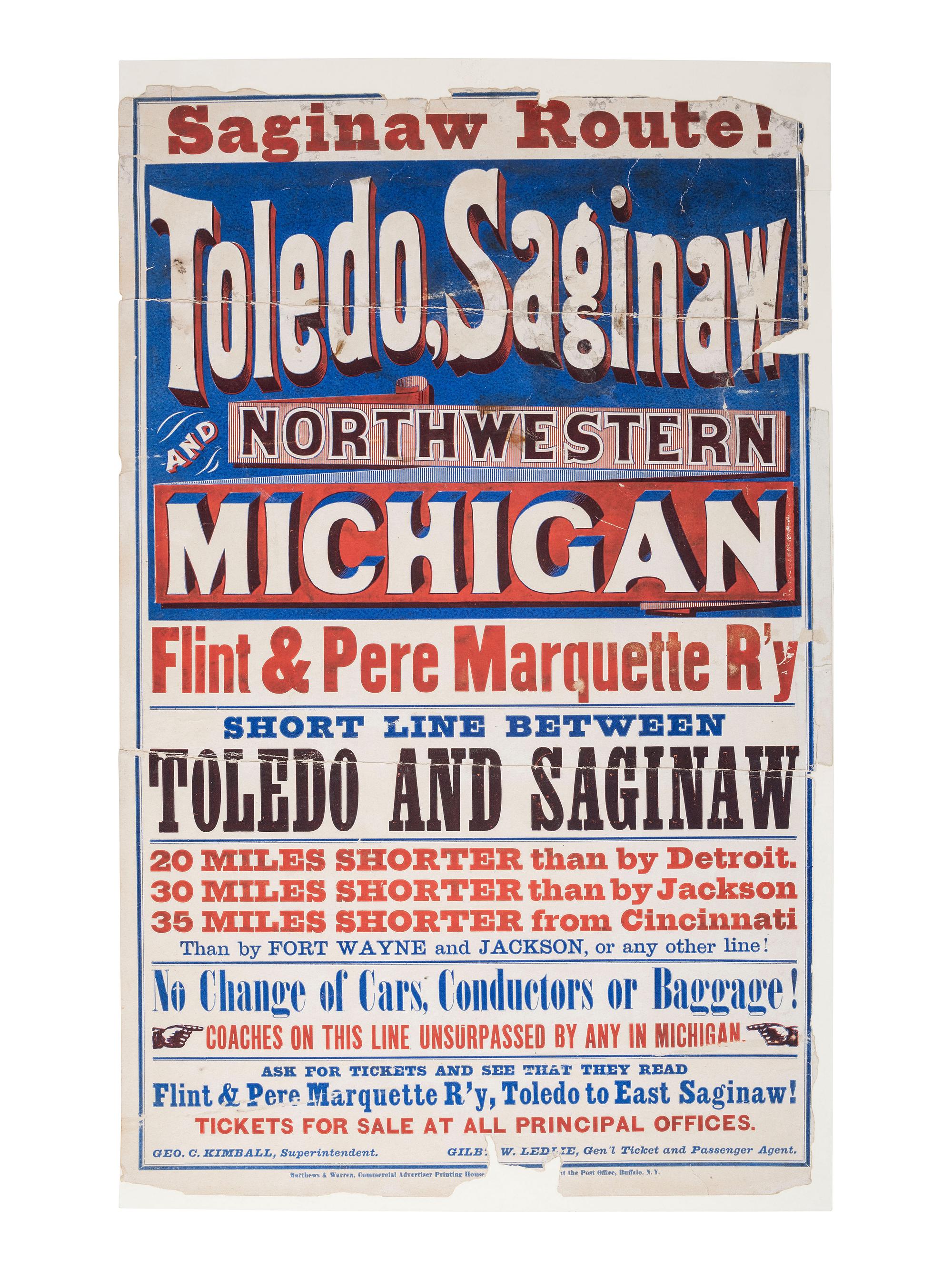 [TRANSPORTATION - RAILROAD]. Saginaw Route! Toledo, Saginaw, and Northwestern Michigan. Buffalo, NY: Matthews & Warren, Commercial Advertiser Printing House, n.d.
