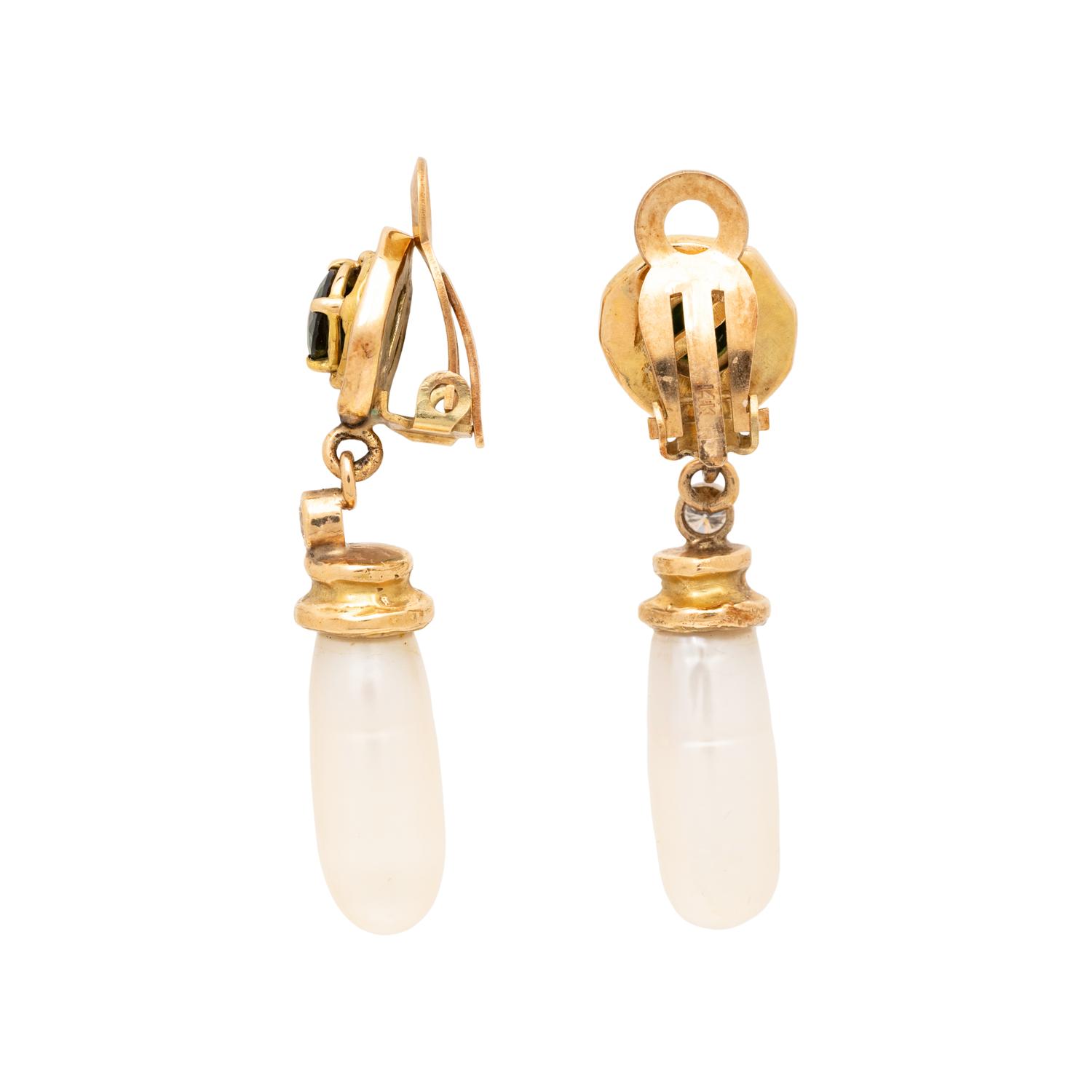 GREEN TOURMALINE, DIAMOND, AND CULTURED PEARL CLIP EARRINGS