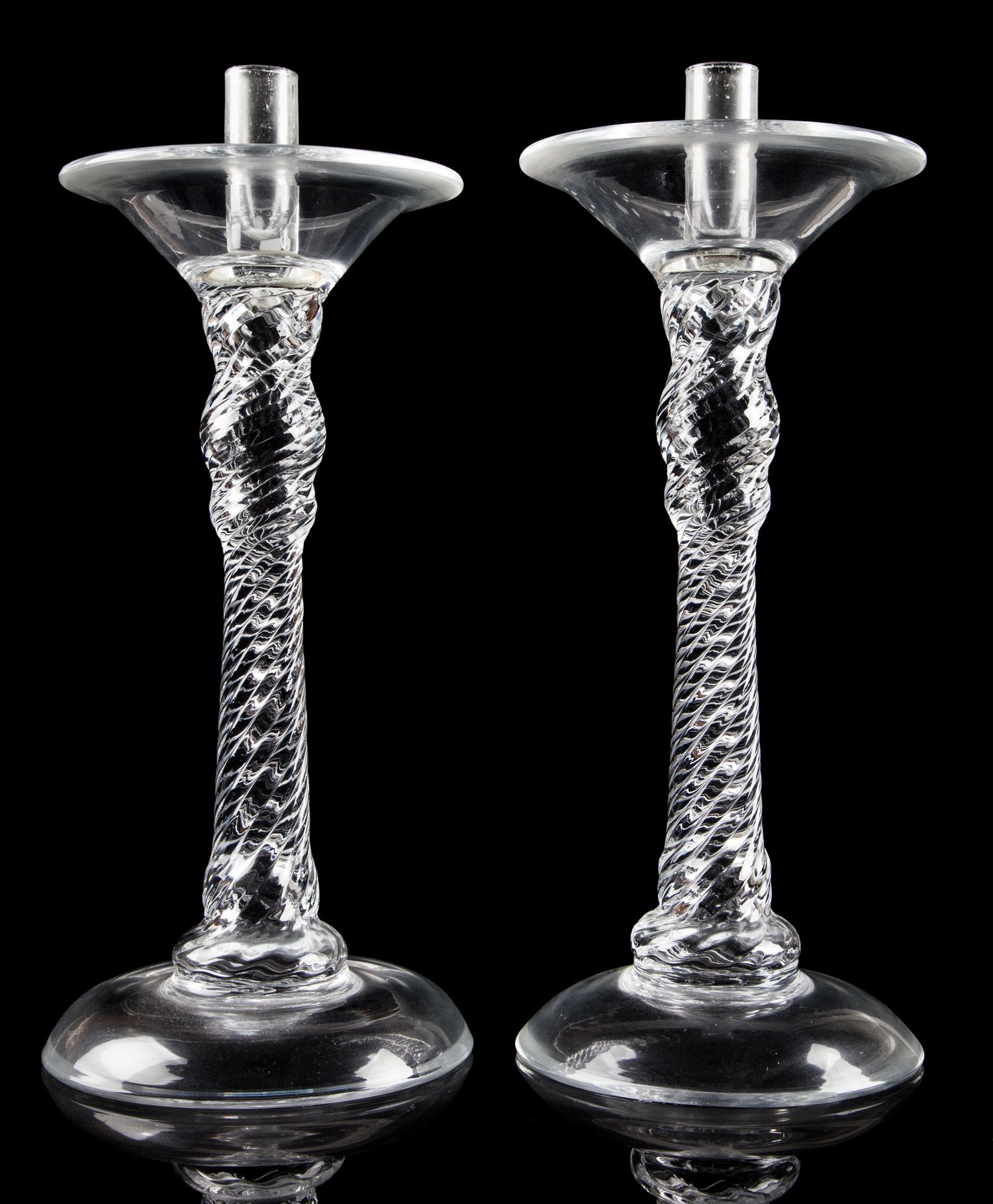 A Pair of Large Glass Candlesticks Height 13 1/4 inches.