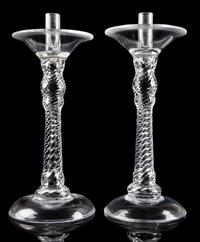 A Pair of Large Glass Candlesticks Height 13 1/4 inches.