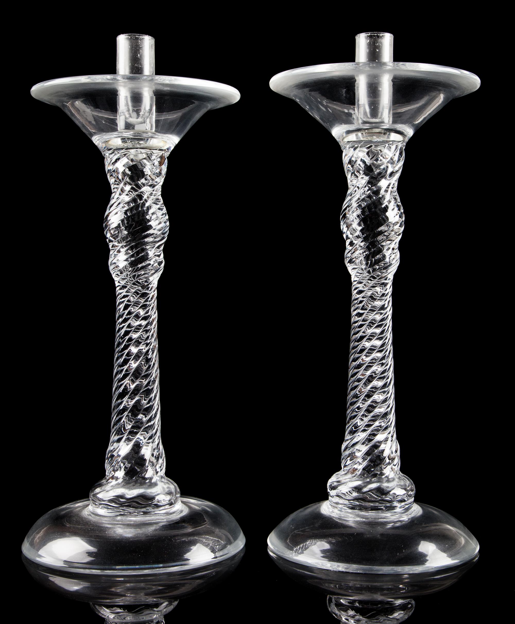 A Pair of Large Glass Candlesticks Height 13 1/4 inches.
