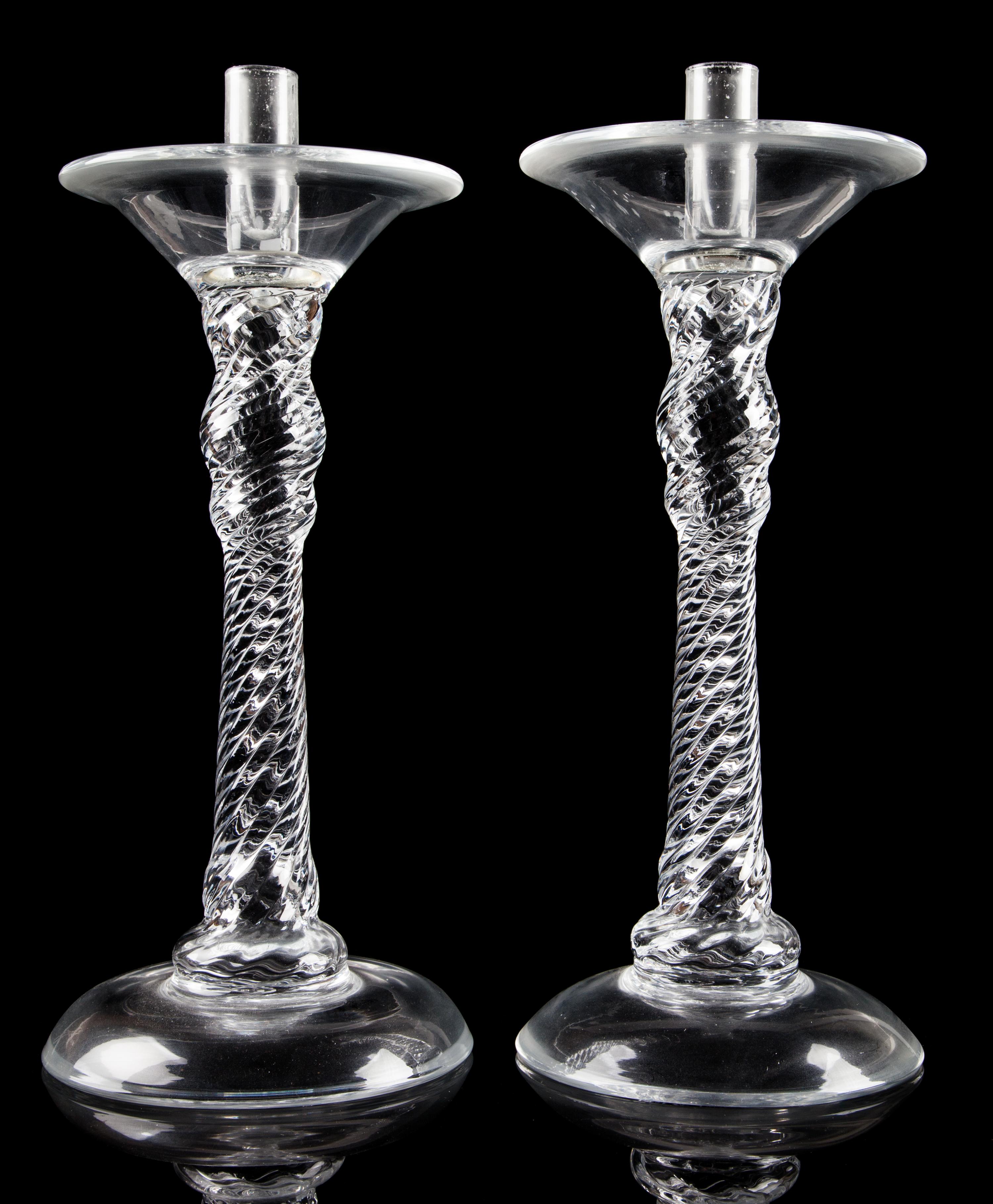 A Pair of Large Glass Candlesticks Height 13 1/4 inches.