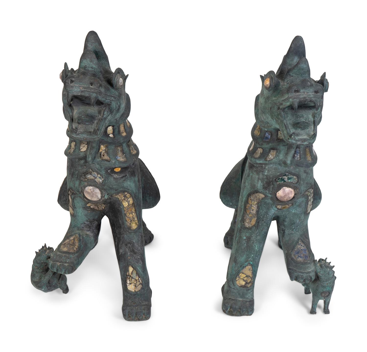 A Pair of Chinese Stone-Inset Bronze Fu-Lions — 20TH CENTURY