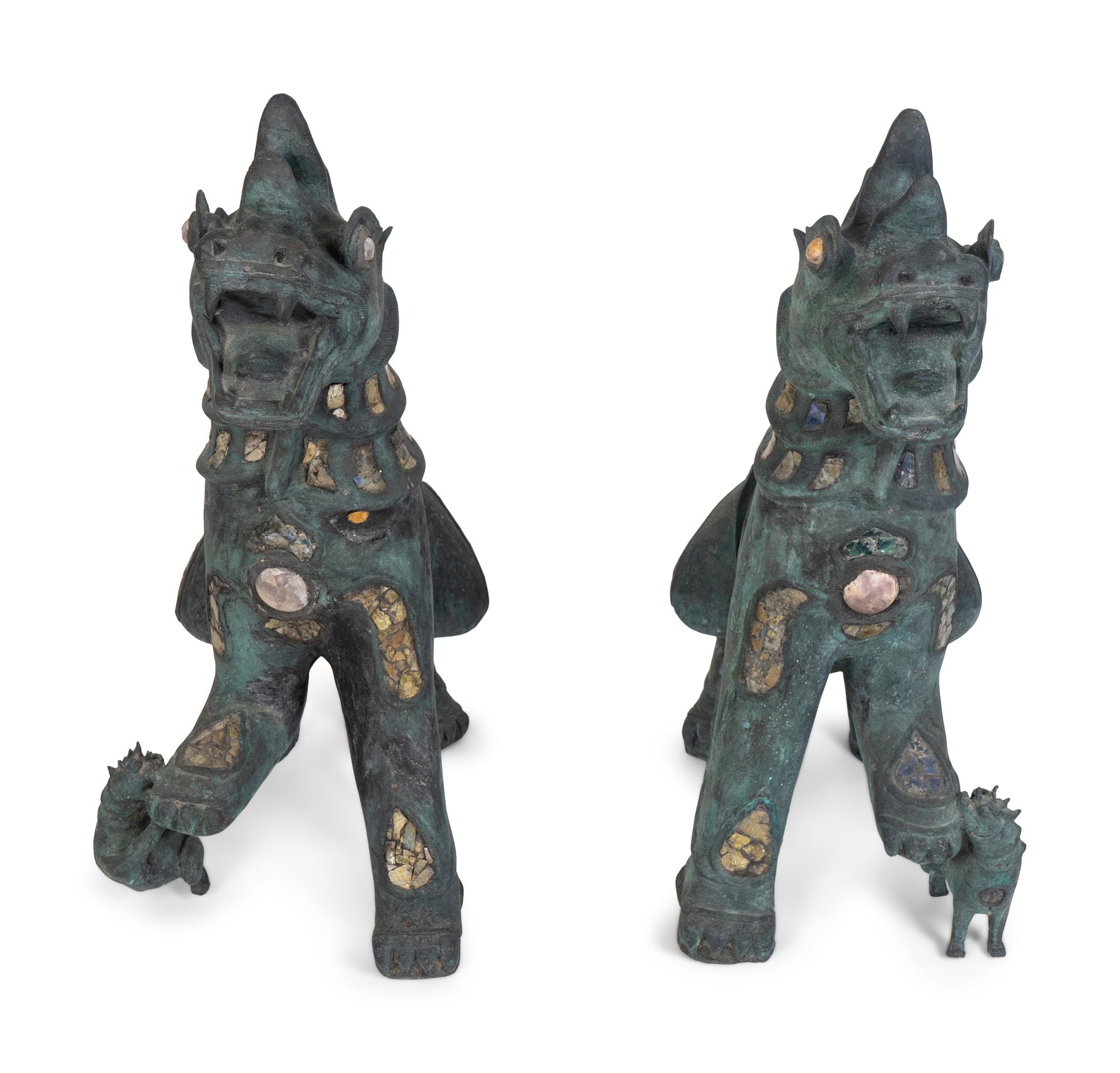 A Pair of Chinese Stone-Inset Bronze Fu-Lions — 20TH CENTURY