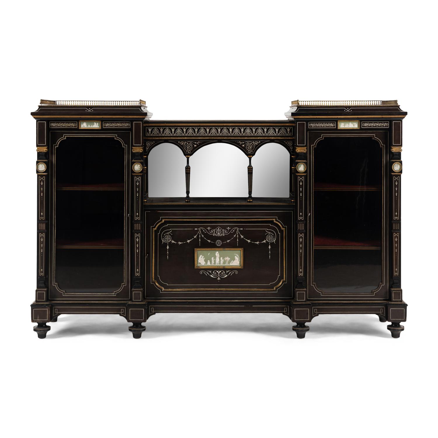 An English Aesthetic Movement Brass-Mounted and Wedgewood Jasperware Inset, Mahogany and Ebony Drawing Room Cabinet