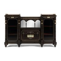 An English Aesthetic Movement Brass-Mounted and Wedgewood Jasperware Inset, Mahogany and Ebony Drawing Room Cabinet
