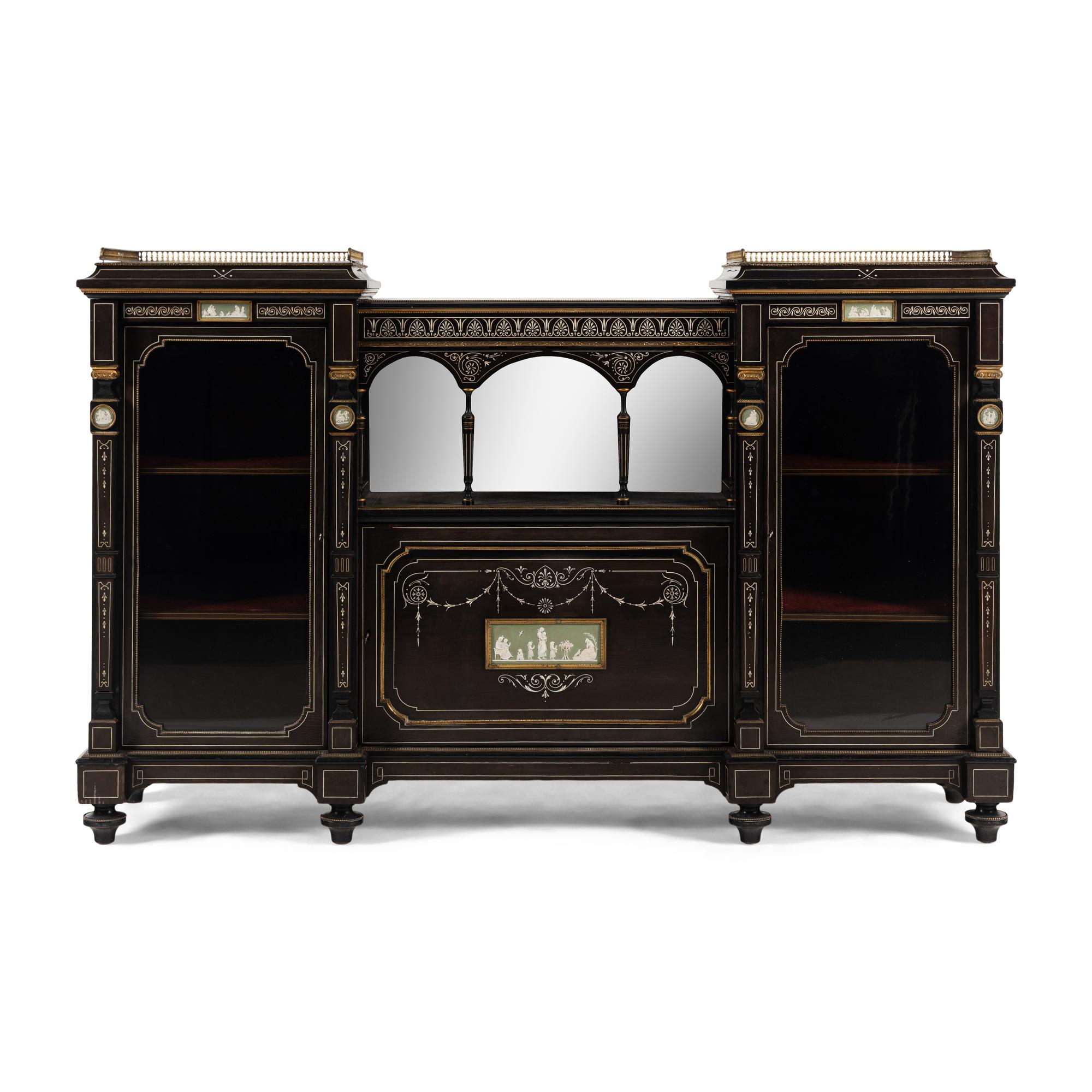 An English Aesthetic Movement Brass-Mounted and Wedgewood Jasperware Inset, Mahogany and Ebony Drawing Room Cabinet