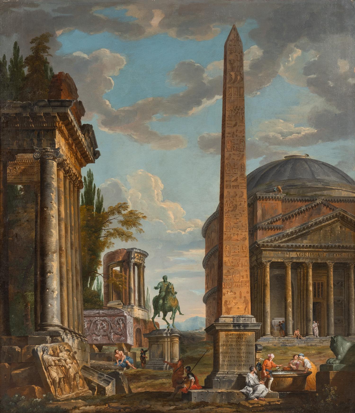 A Capriccio With Figures Gathered Around the Obelisk of Augustus, a View of the Pantheon, the Statue of Marcus Aurelius and the Temple of Sybil, Tivoli