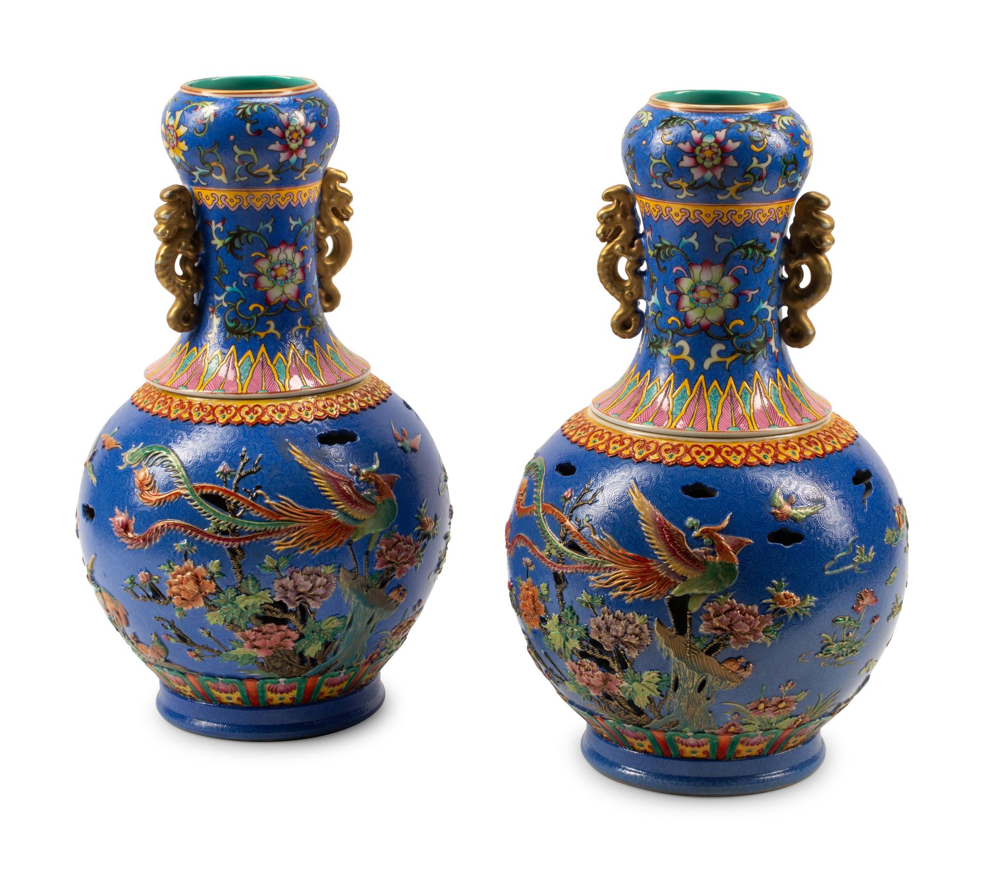 A Pair of Chinese Pierce Carved and Enameled Porcelain Two-Part Vases