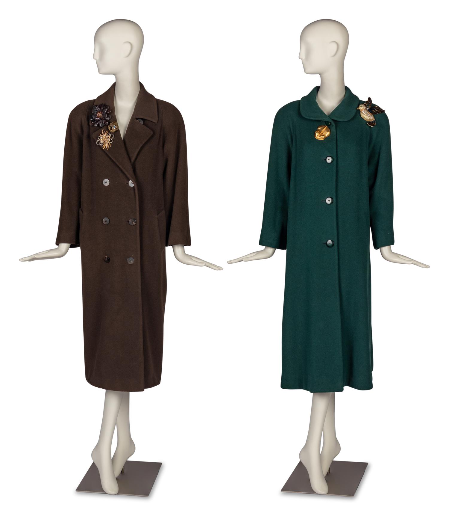 Two Rizik Brothers Winter Coats with a Collection of Brooches
