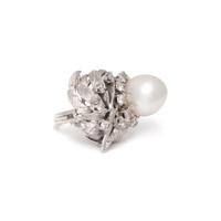 CULTURED PEARL, DIAMOND, AND WHITE GOLD RING