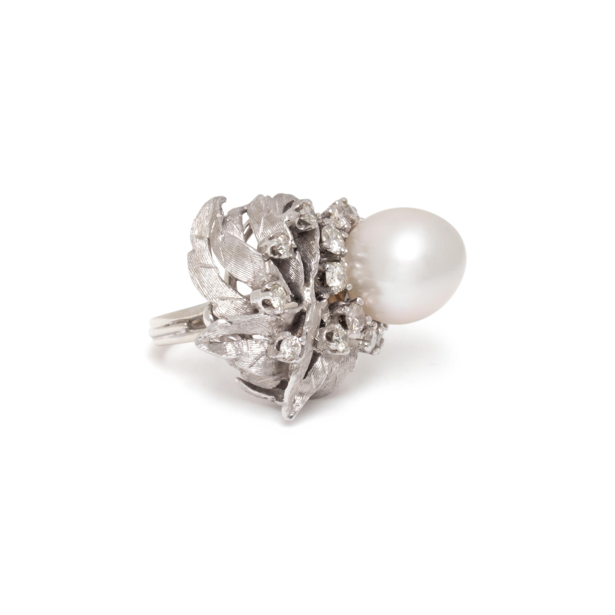 CULTURED PEARL, DIAMOND, AND WHITE GOLD RING