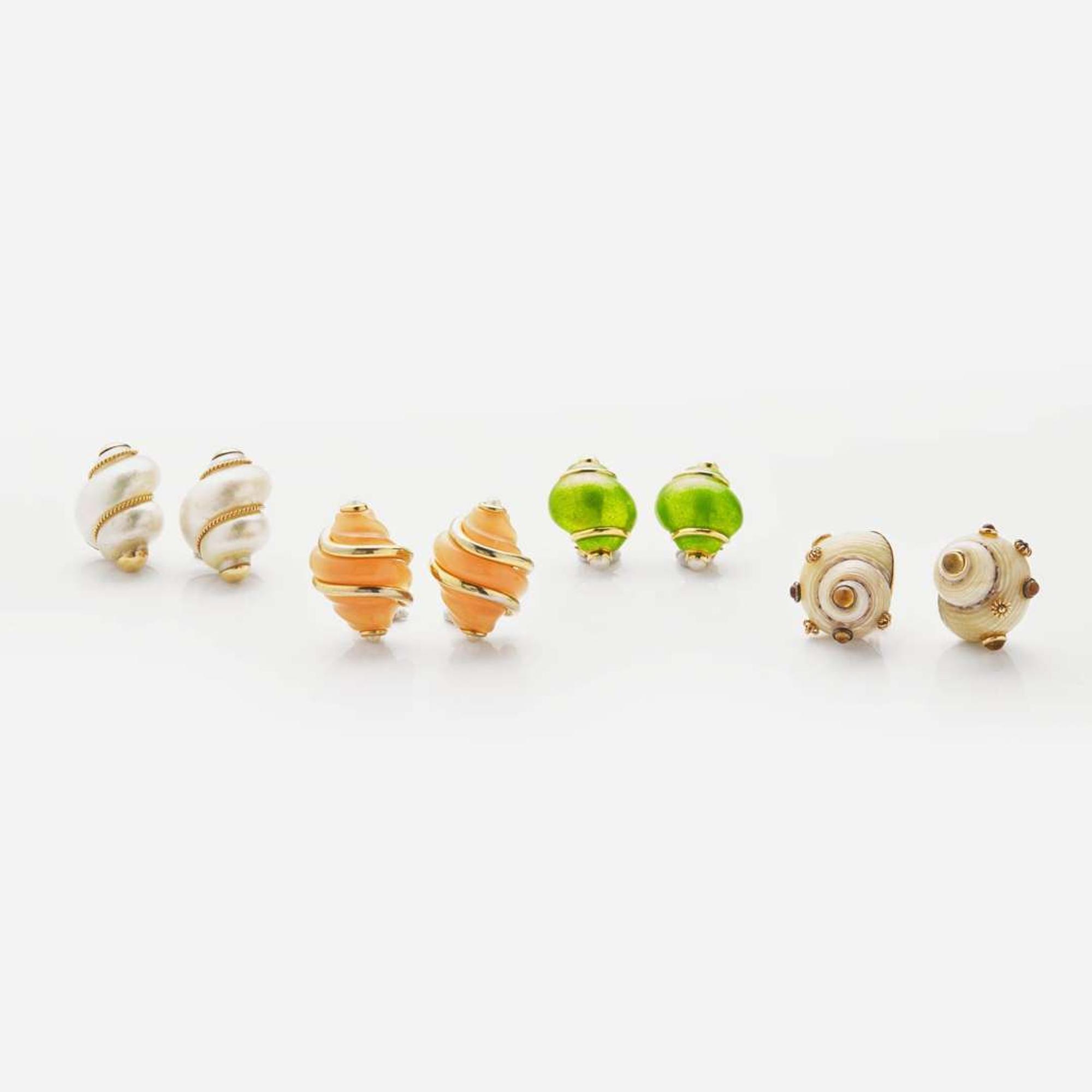 A Group of Shell-Themed Gold Earrings