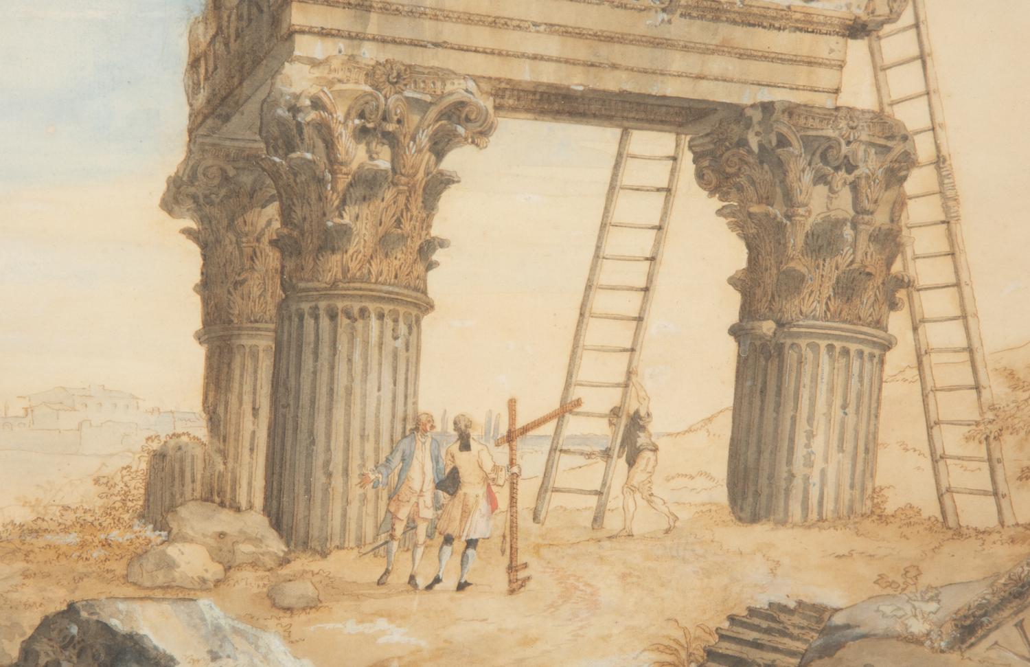 Architects Measuring the Temple of Jupiter Tonans and Revelers Near the Temple of Antonino and Faustina (two works)