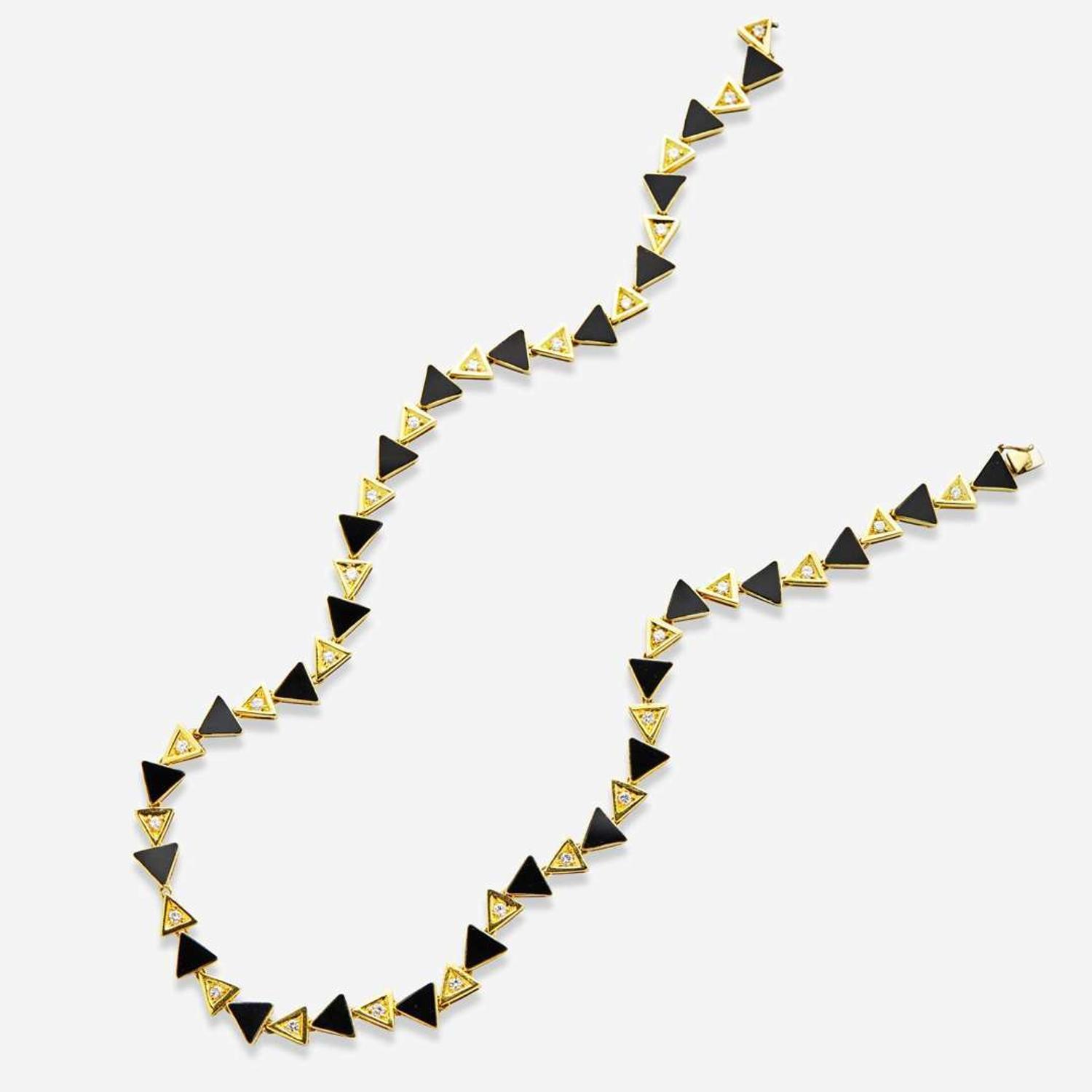 A 14K Yellow Gold, Onyx, and Diamond Necklace