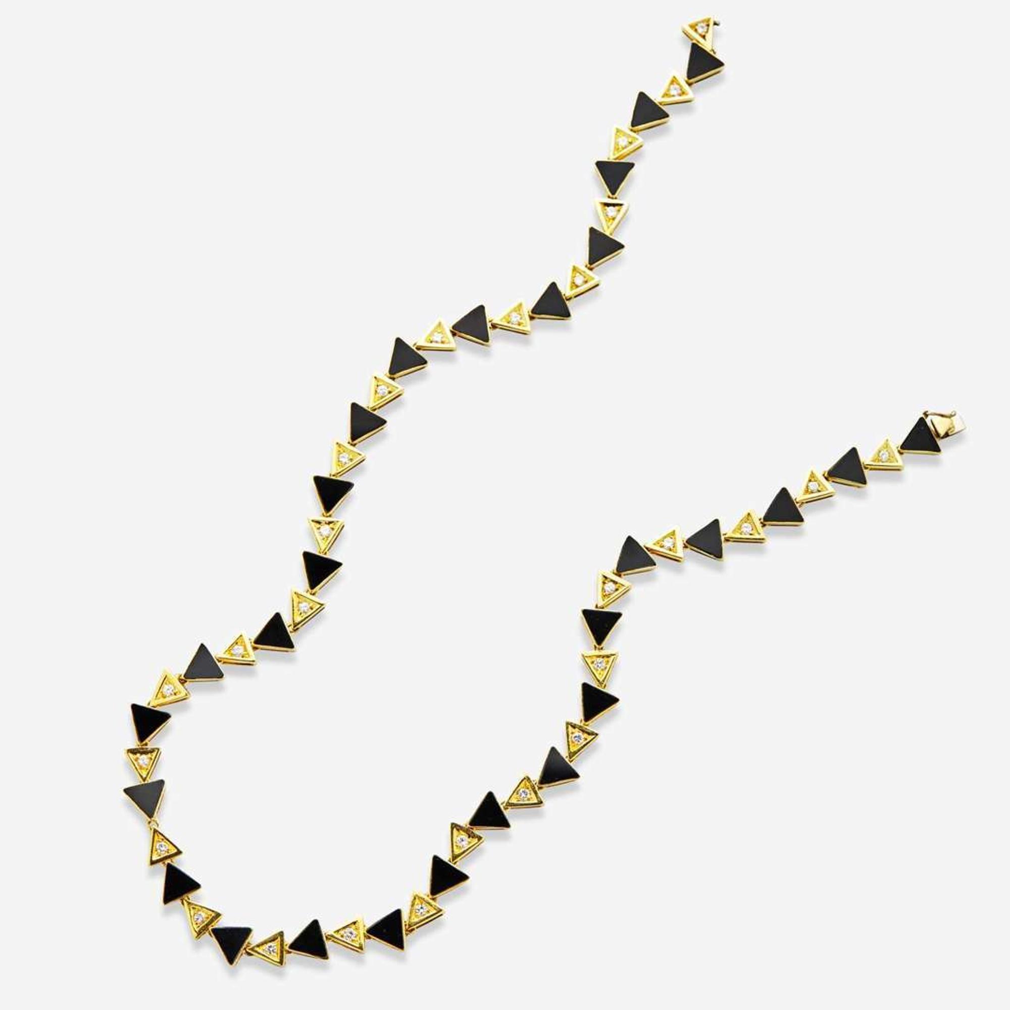 A 14K Yellow Gold, Onyx, and Diamond Necklace