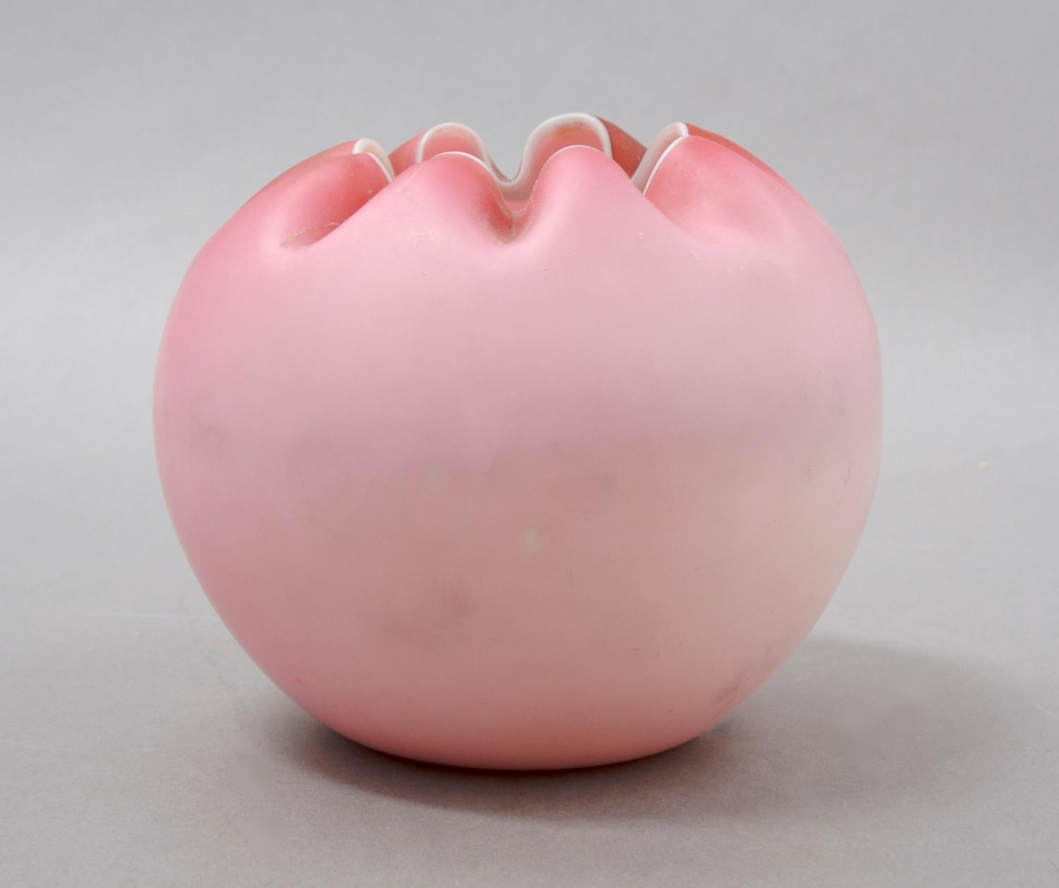 A Victorian Pink Satin Glass Rose Bowl, Height 4 inches.