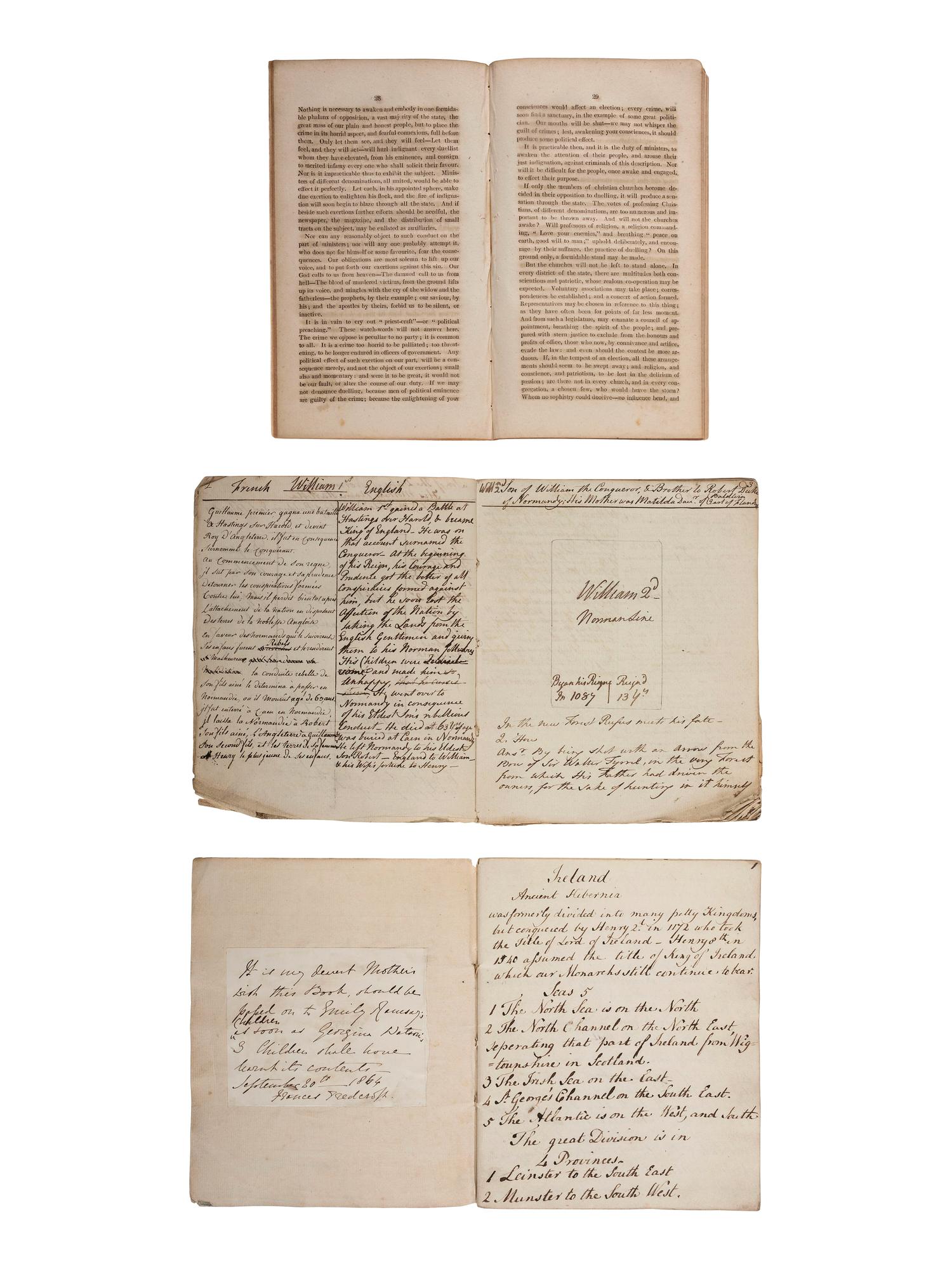 [MANUSCRIPTS]. A pair of manuscript histories of England and Ireland. [ With :] BEECHER, Lyman. The Remedy for Duelling. 1809.