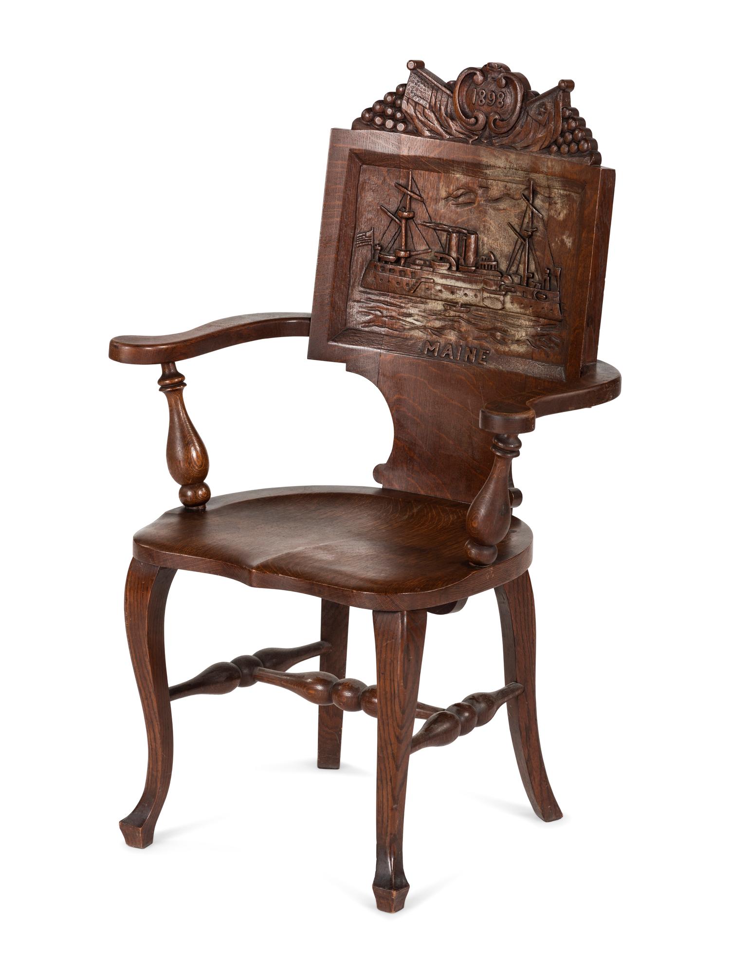 A Folk Art Pressed Oak USS Maine Chair