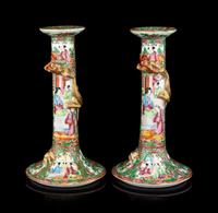 A Pair of Chinese Export Rose Medallion Porcelain Candle Holders