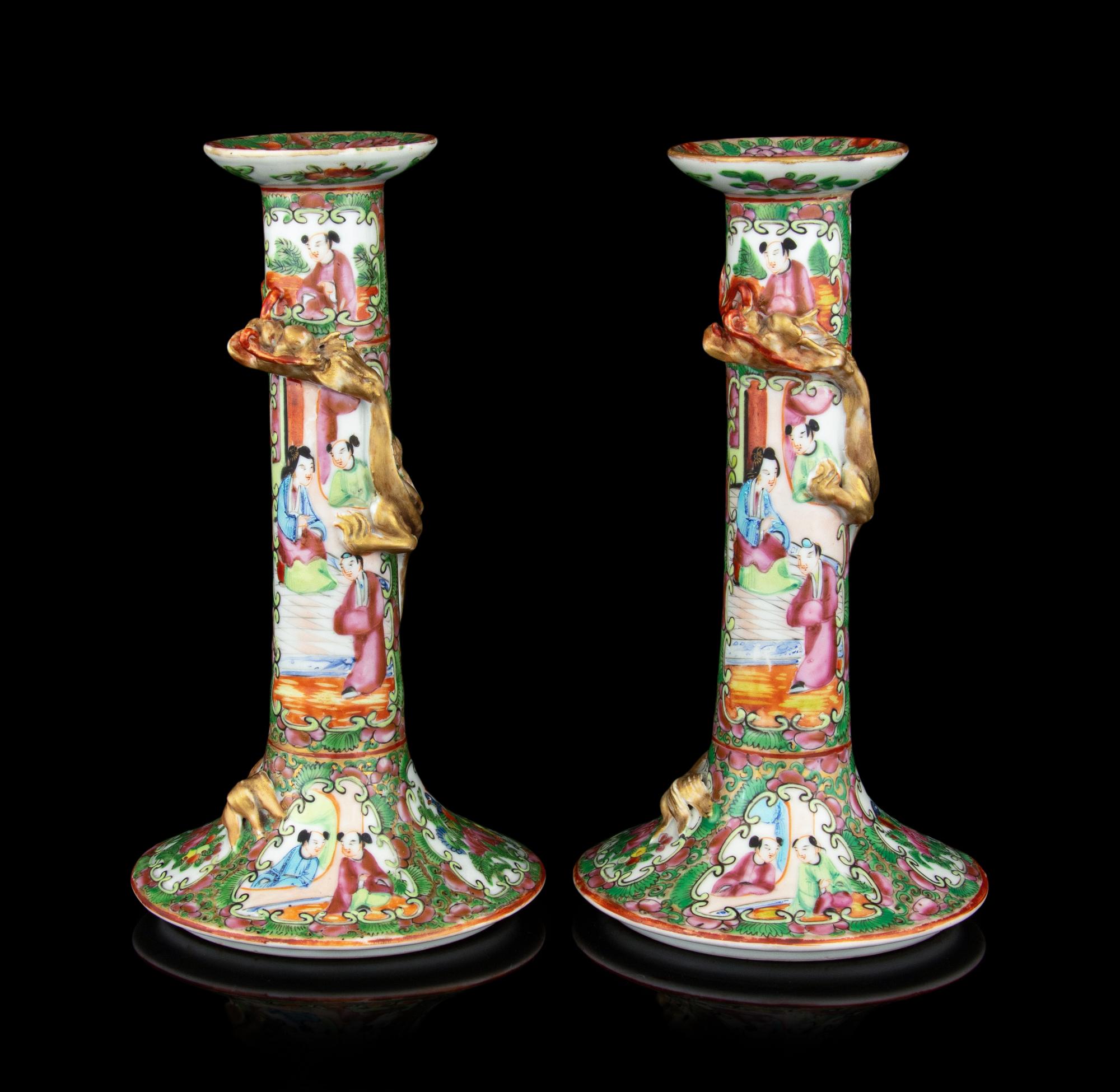 A Pair of Chinese Export Rose Medallion Porcelain Candle Holders