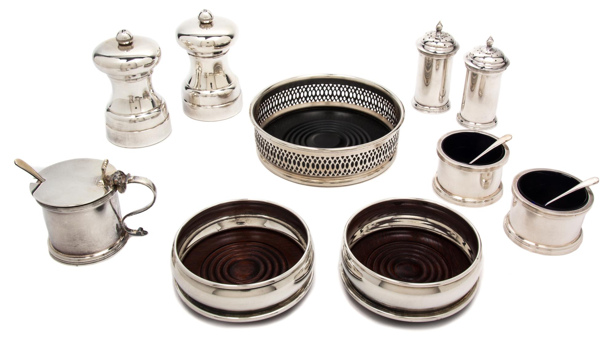 A Collection of Silver-Plate Articles, , including a pair of casters, a pair of coasters, a pair of pepper grinders, a pair of open sal