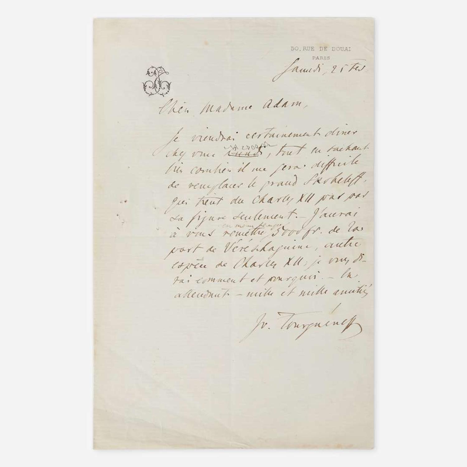 [Literature] Turgenev, Ivan Autograph Letter, signed