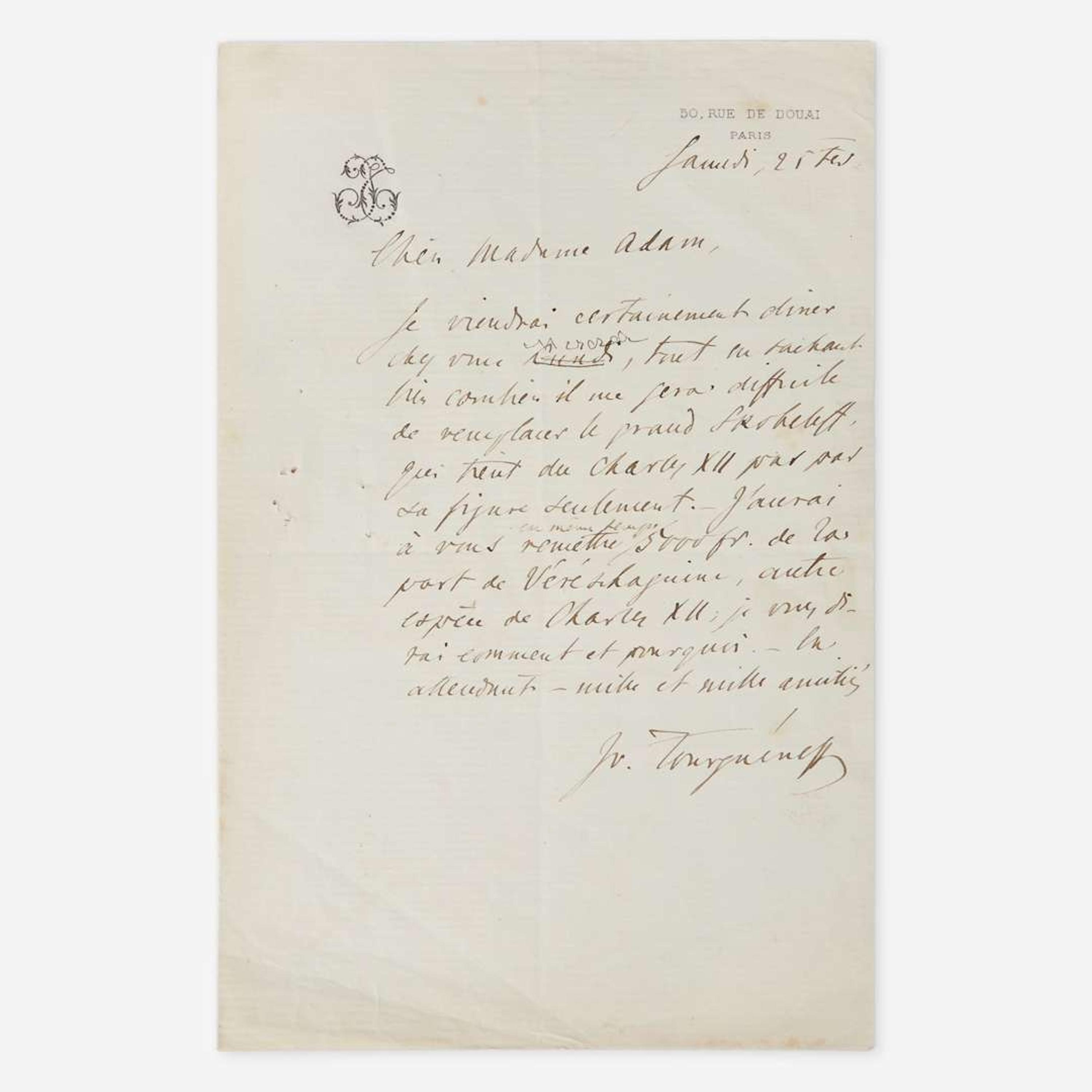 [Literature] Turgenev, Ivan Autograph Letter, signed