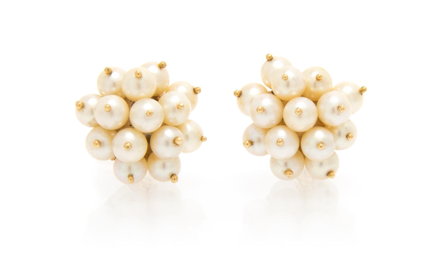A Pair of 18 Karat Yellow Gold and Cultured Pearl Cluster Earclips, Corletto, 12.45 dwts.