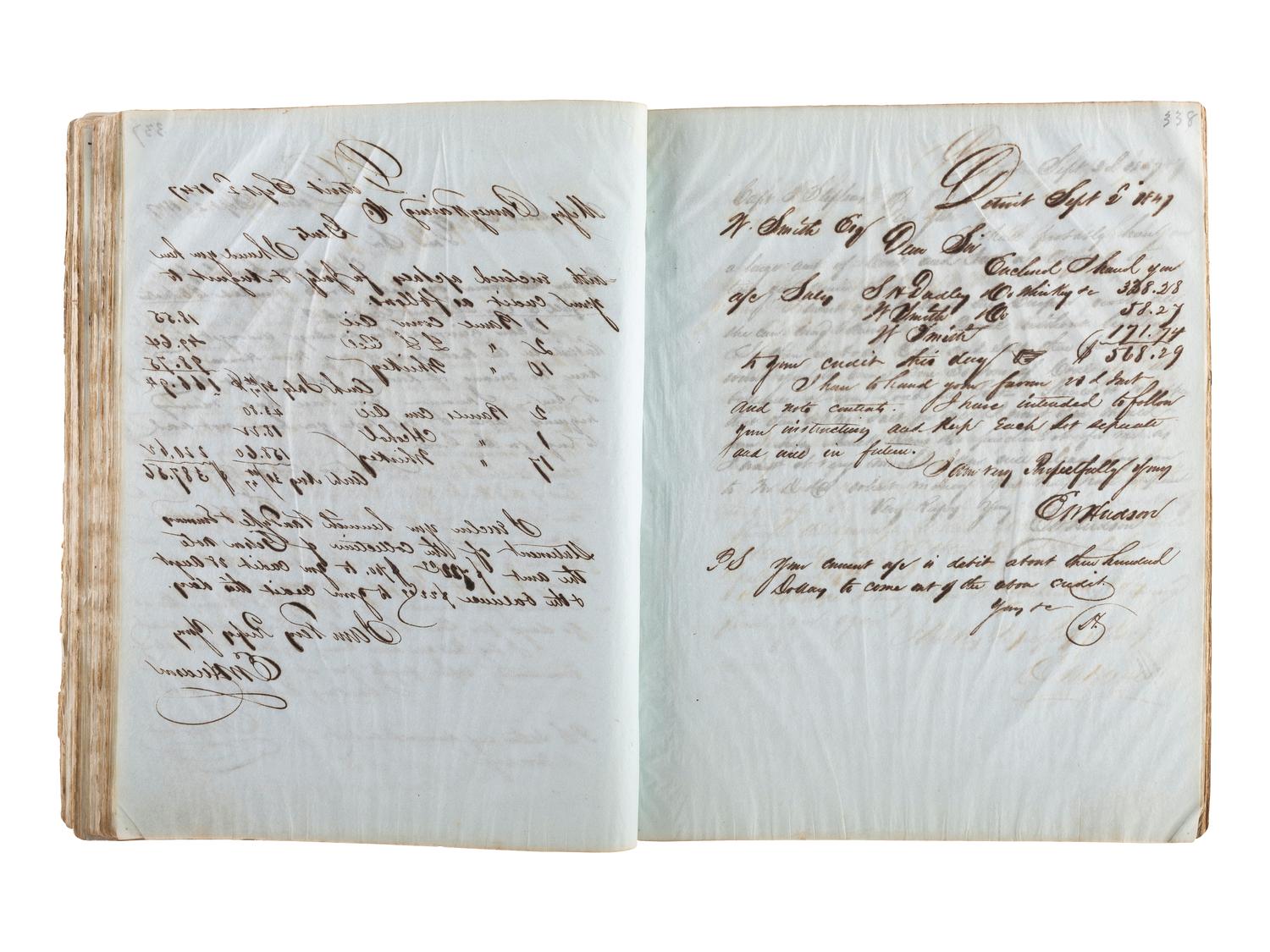 [TRANSPORTATION] -- [SHIPPING]. Letter press copy book featuring discussion of early Great Lakes shipping and commerce within the 1847 business correspondence of Detroit shipbuilder, merchant, and vessel owner Elon W. Hudson (1818-1901).