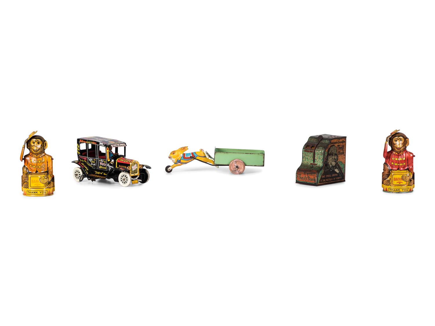 Five Tin Lithograph Banks and Toys