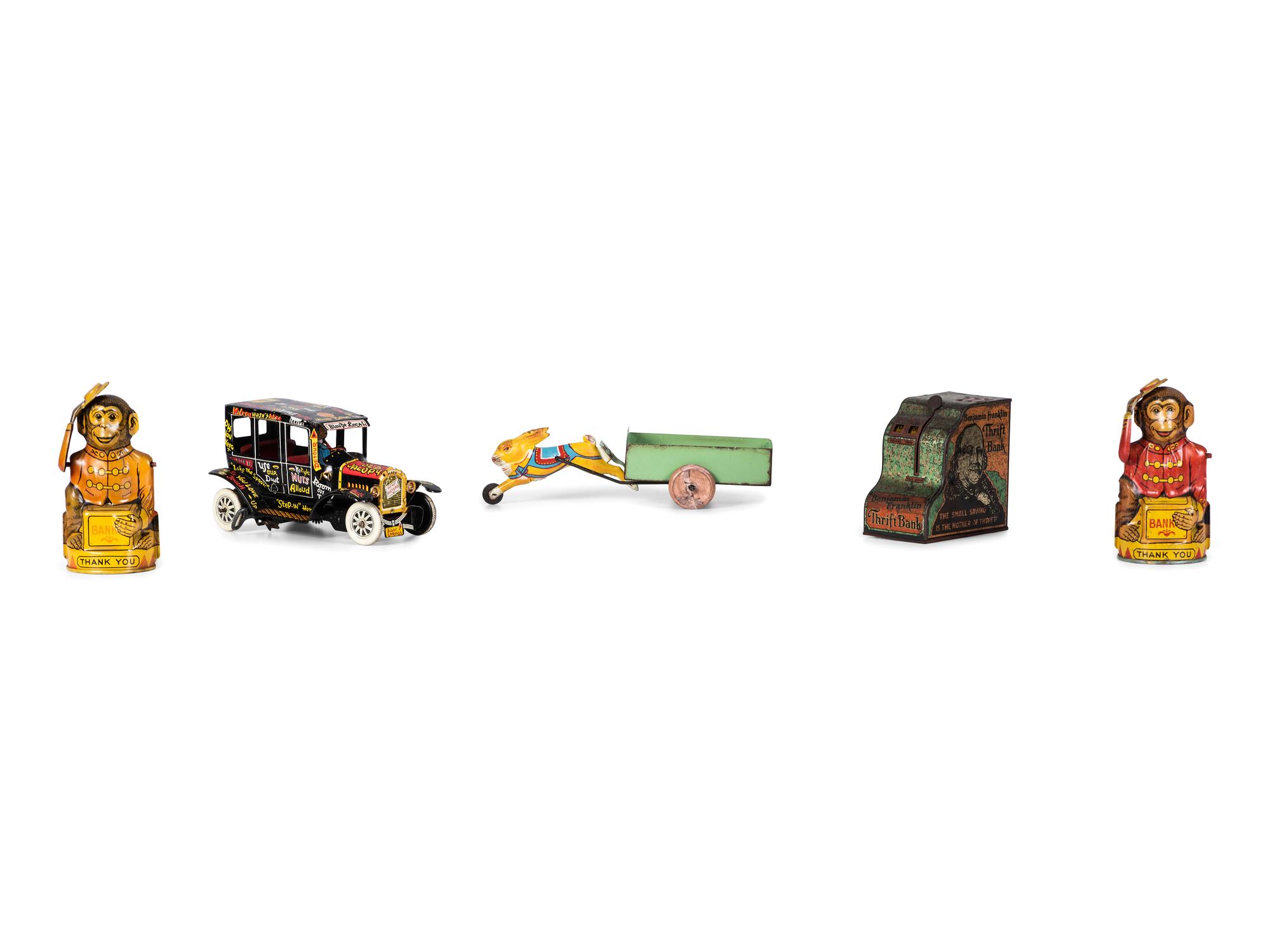 Five Tin Lithograph Banks and Toys
