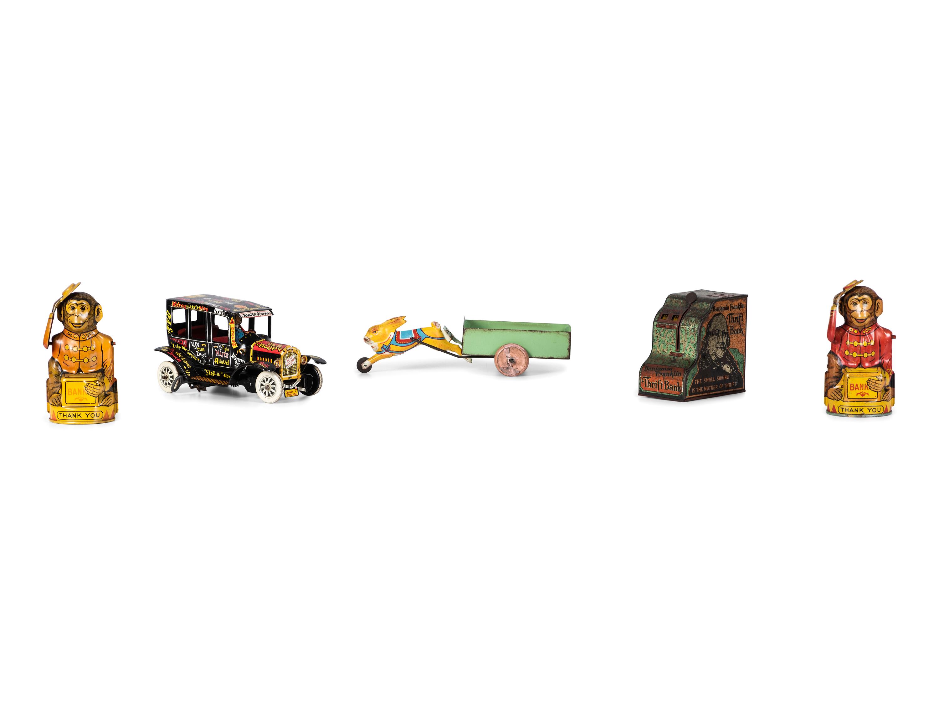 Five Tin Lithograph Banks and Toys