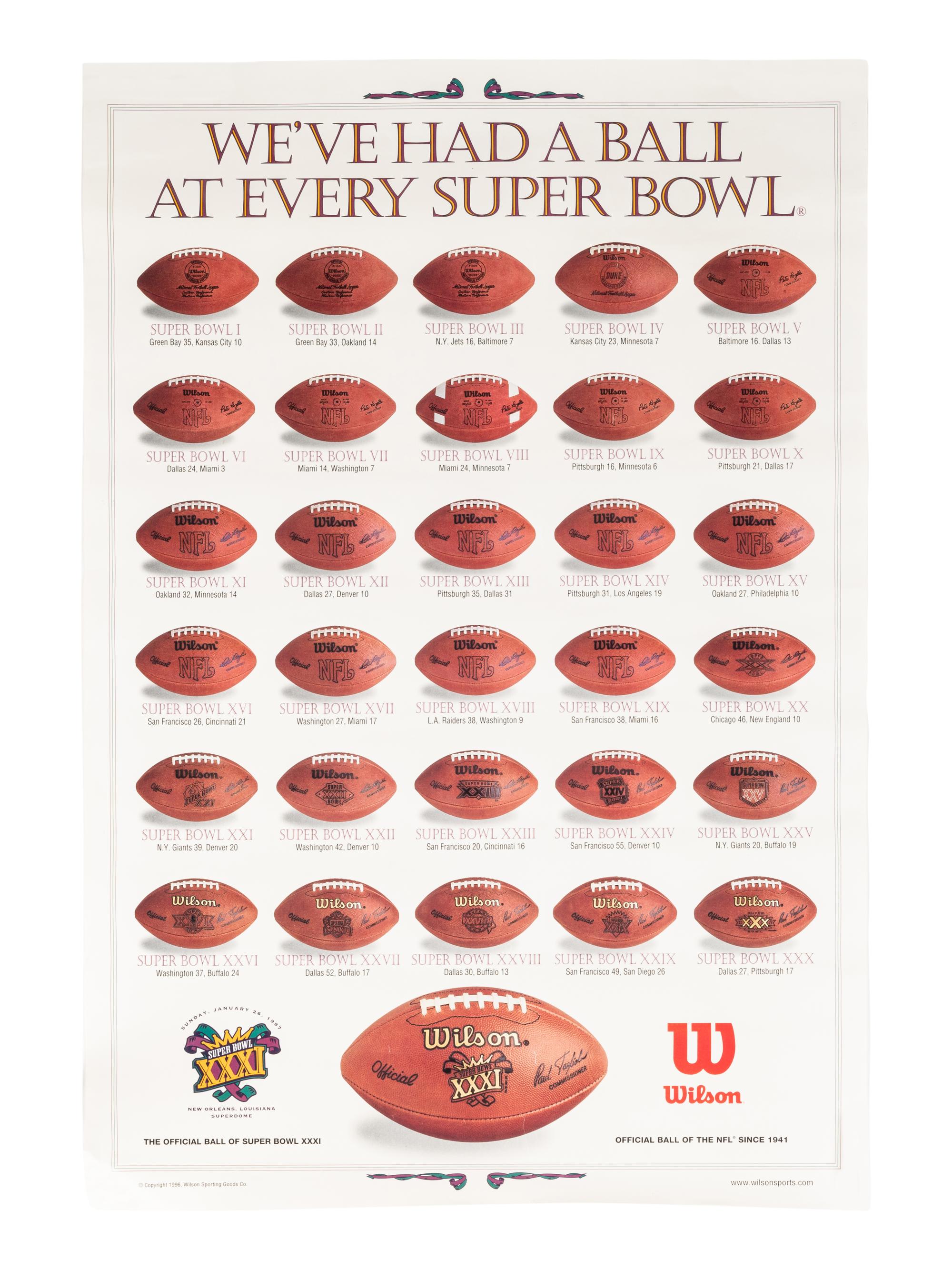 A Group of Eight Wilson Super Bowl Official Footballs and Promotional Poster,