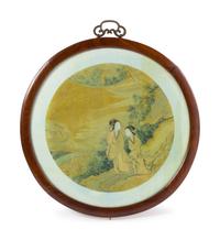 A Chinese Ink and Color on Silk Fan with Hardwood Frame