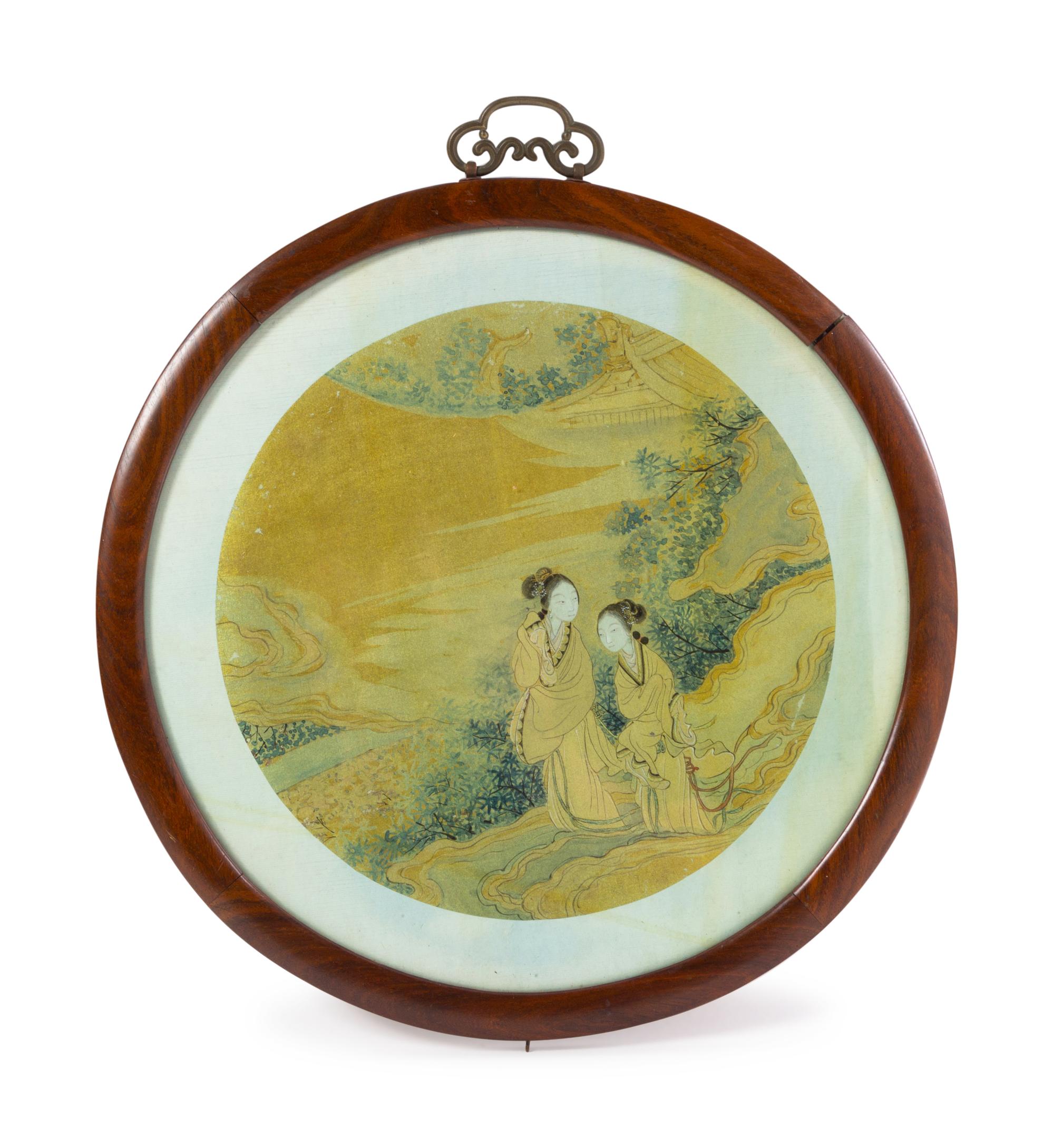 A Chinese Ink and Color on Silk Fan with Hardwood Frame