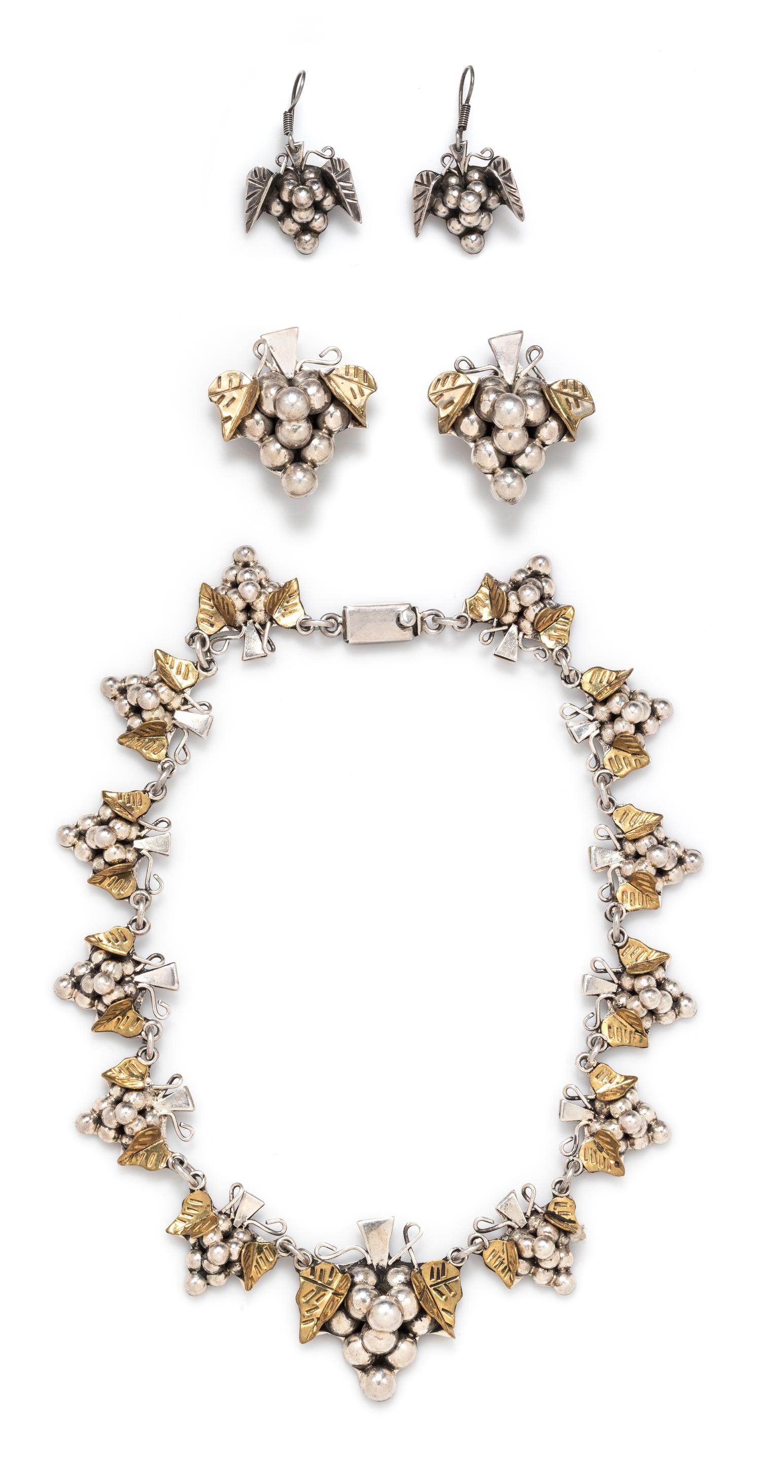 A Sterling Silver and Brass Grape Cluster Motif Demi-Parure, Taxco, 86.05 dwts.