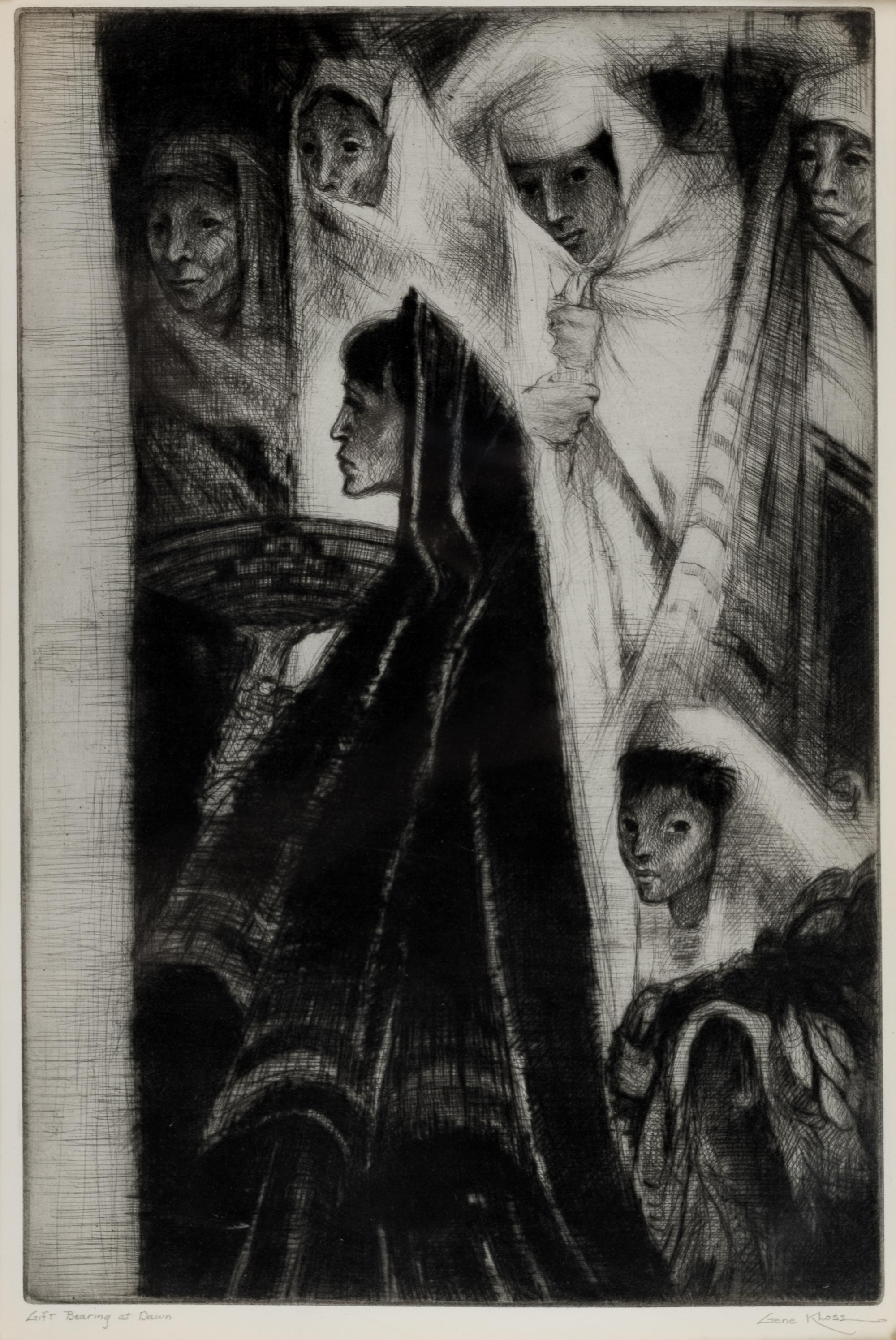 A group of three prints ( Corn Husking - Taos Pueblo; Saint's Day Processional; Gift Bearing at Dawn)