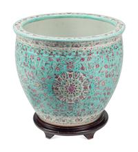 A Chinese Porcelain Fish Bowl and Wood Stand